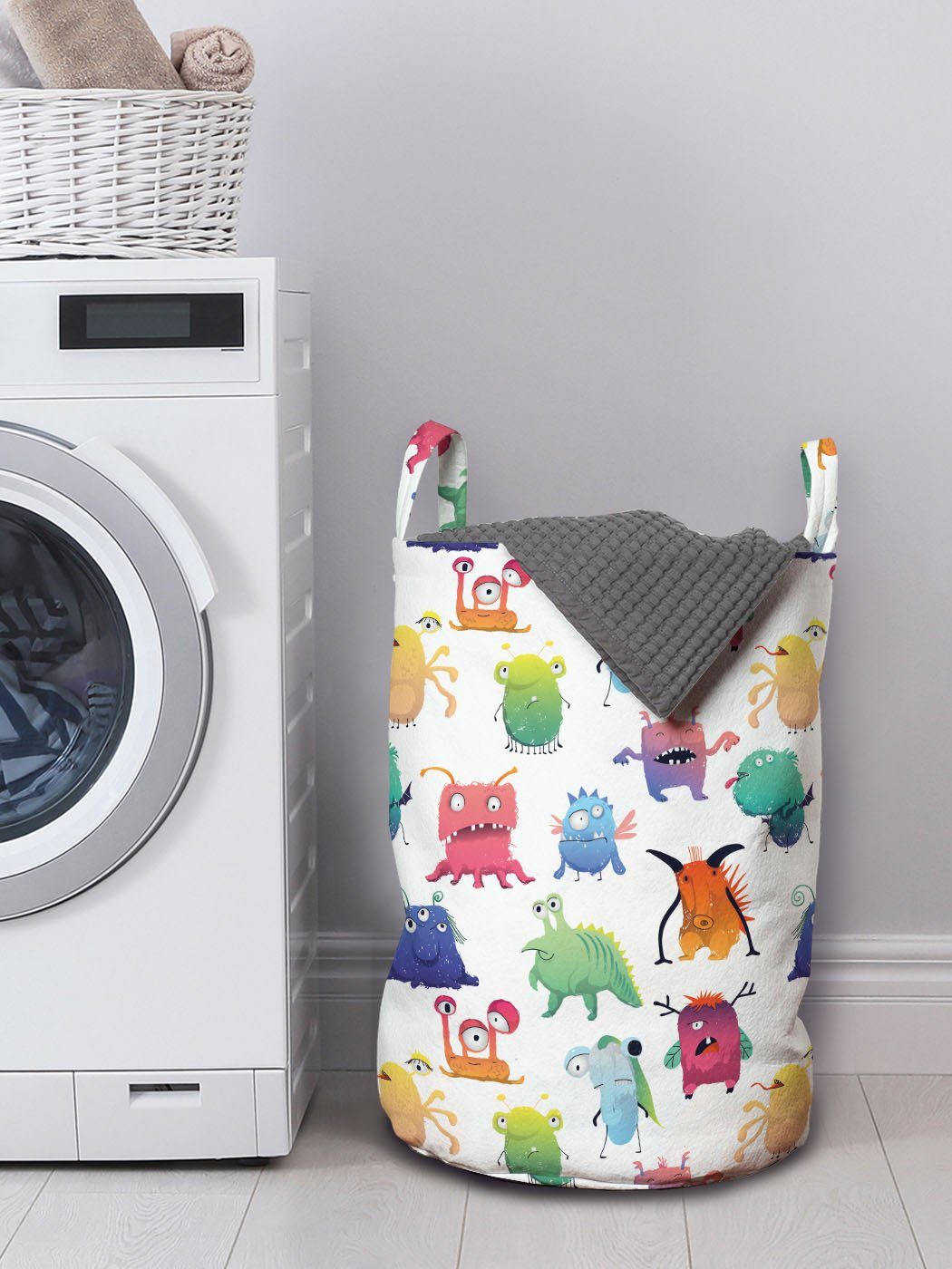 Wäschekorb für Abakuhaus Wäschesäckchen Verschiedenes Waschsalons, Kordelzugverschluss mit Baby-Monster Griffen Kindisch
