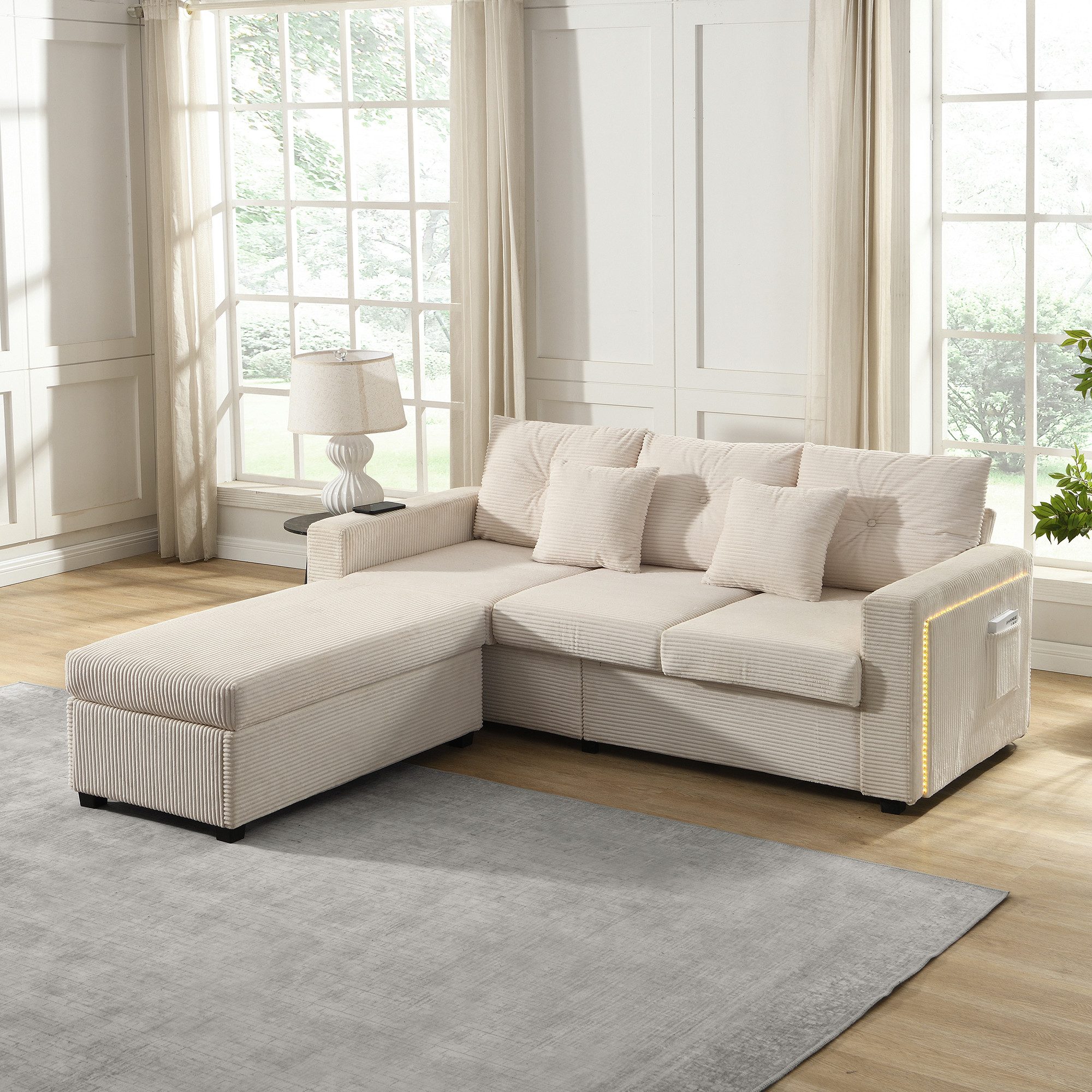 Merax 3-Sitzer L-förmiges Sofa mit LED-Beleuchtung, Wolkenweiches Sitzgefühl, Modulares Design, Cordstoff 1 Teile, 3-Sitzer Sofa mit Extra großer Ottoman, Seite – Bild 3 von 5