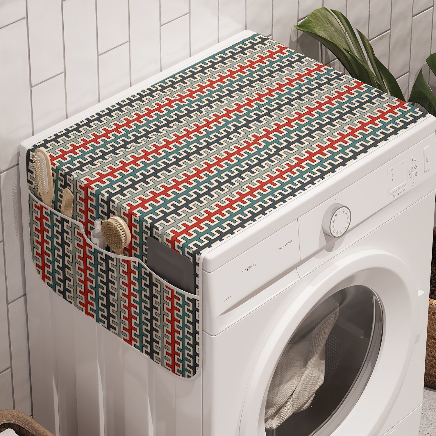 Geometrische Trockner, für und Badorganizer Waschmaschine Abakuhaus Linien Retro Anti-Rutsch-Stoffabdeckung gewinkelten