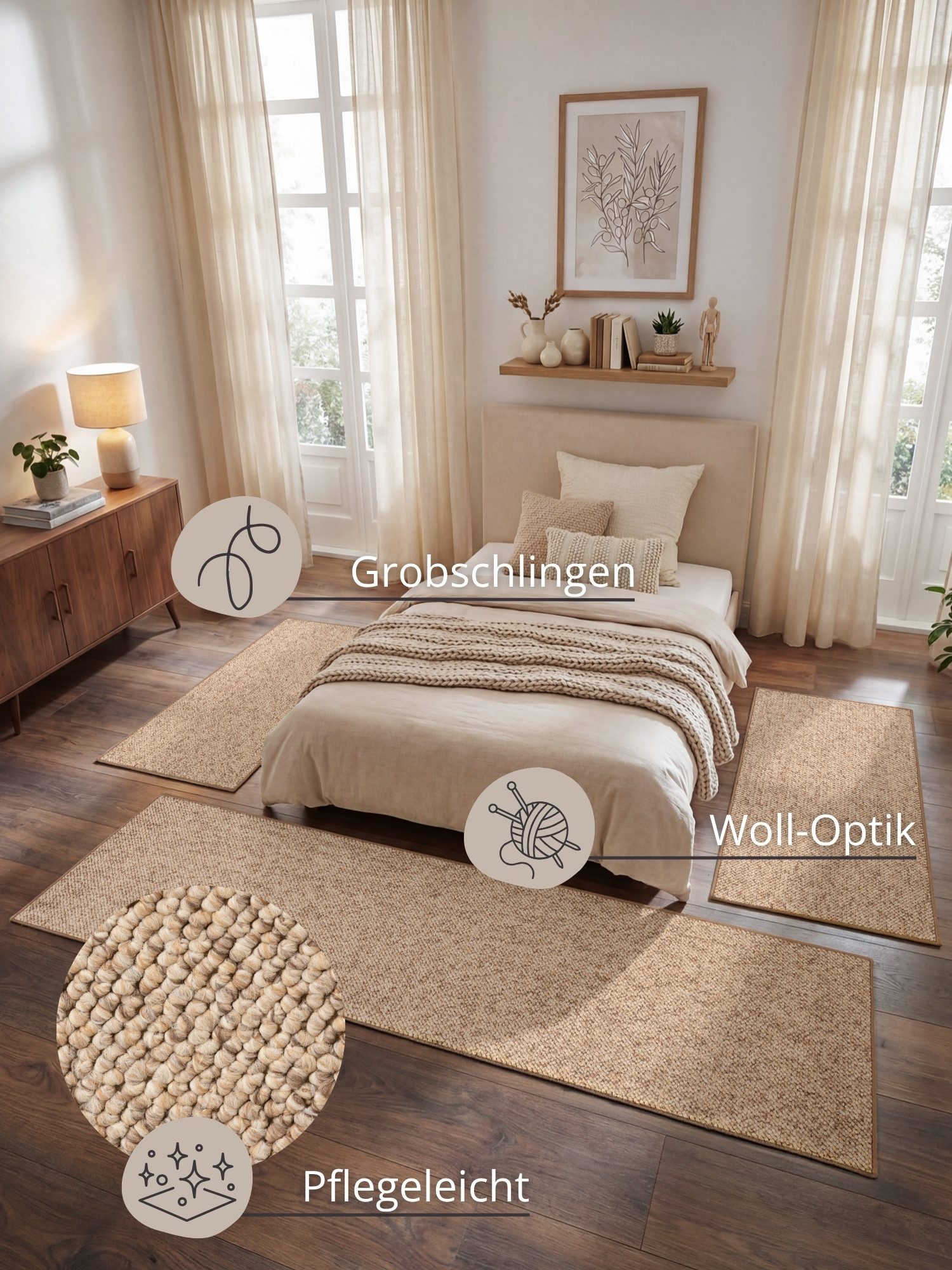 HANSE Home Bettumrandung Wolly 2, Höhe 12 mm, (3-tlg), Bettvorleger, 3-teiliger Läufer Set, Unifarben, Kurzflor, Bettläufer