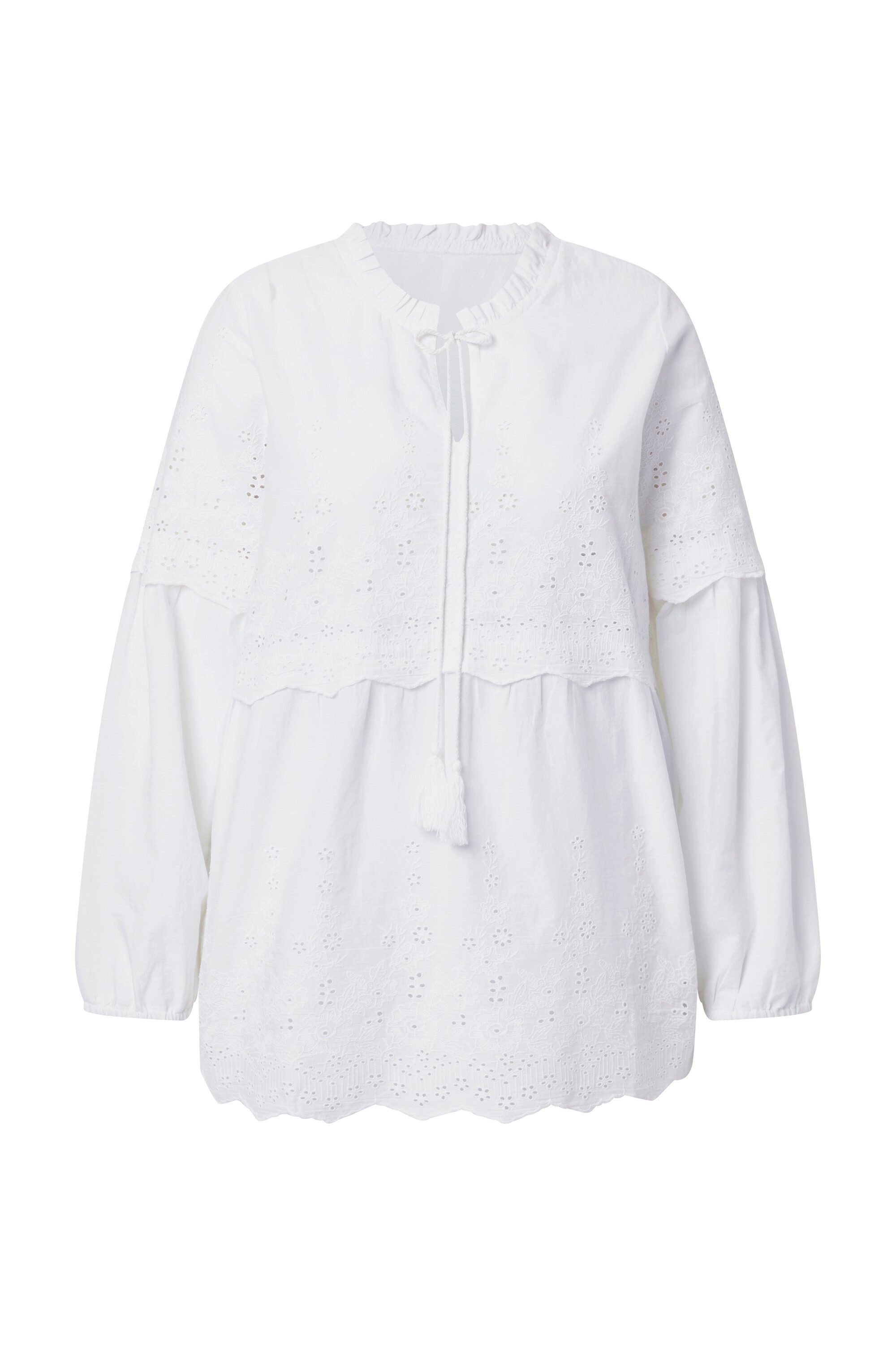 Ulla Popken Tunika Boho-Bluse Rüschen/Spitze Stehkragen Langarm günstig online kaufen