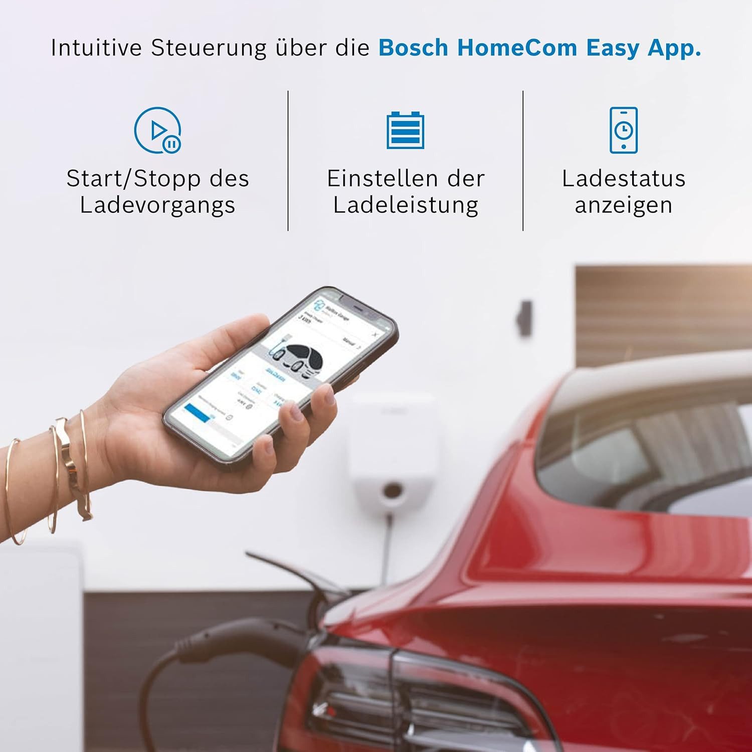 BOSCH Elektroauto-Ladestation Power Charge 7000i, Wallbox 11kW / 16A, 1-phasig, 3-phasig, Wallbox inkl. fest integriertem 7,5 m Typ-2-Ladekabel, 2 RFID-Karten, bis 11 kW Ladeleistung Ladestrom 6–16 A einstellbar
