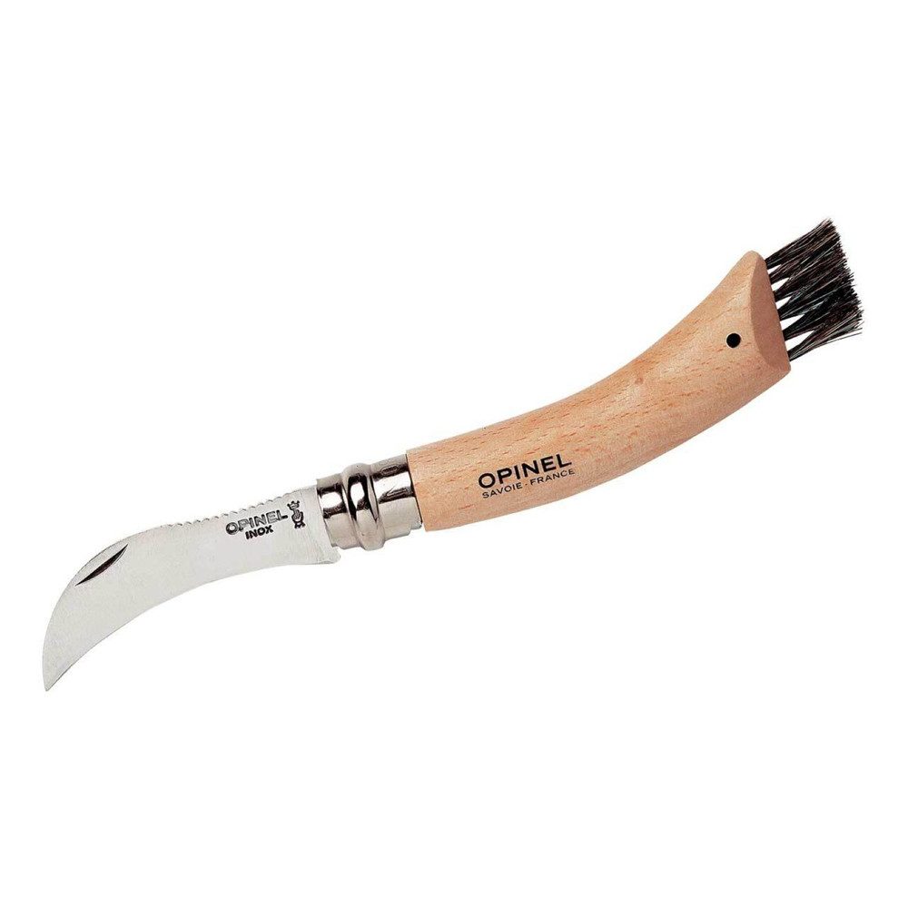 Opinel Taschenmesser tolles Geschenk für Pilzsammler, (feine, gekrümmten Sandvik-Edelstahlklinge), Opinel Pilzmesser, Buchenholzgriff, Wildschweinborsten