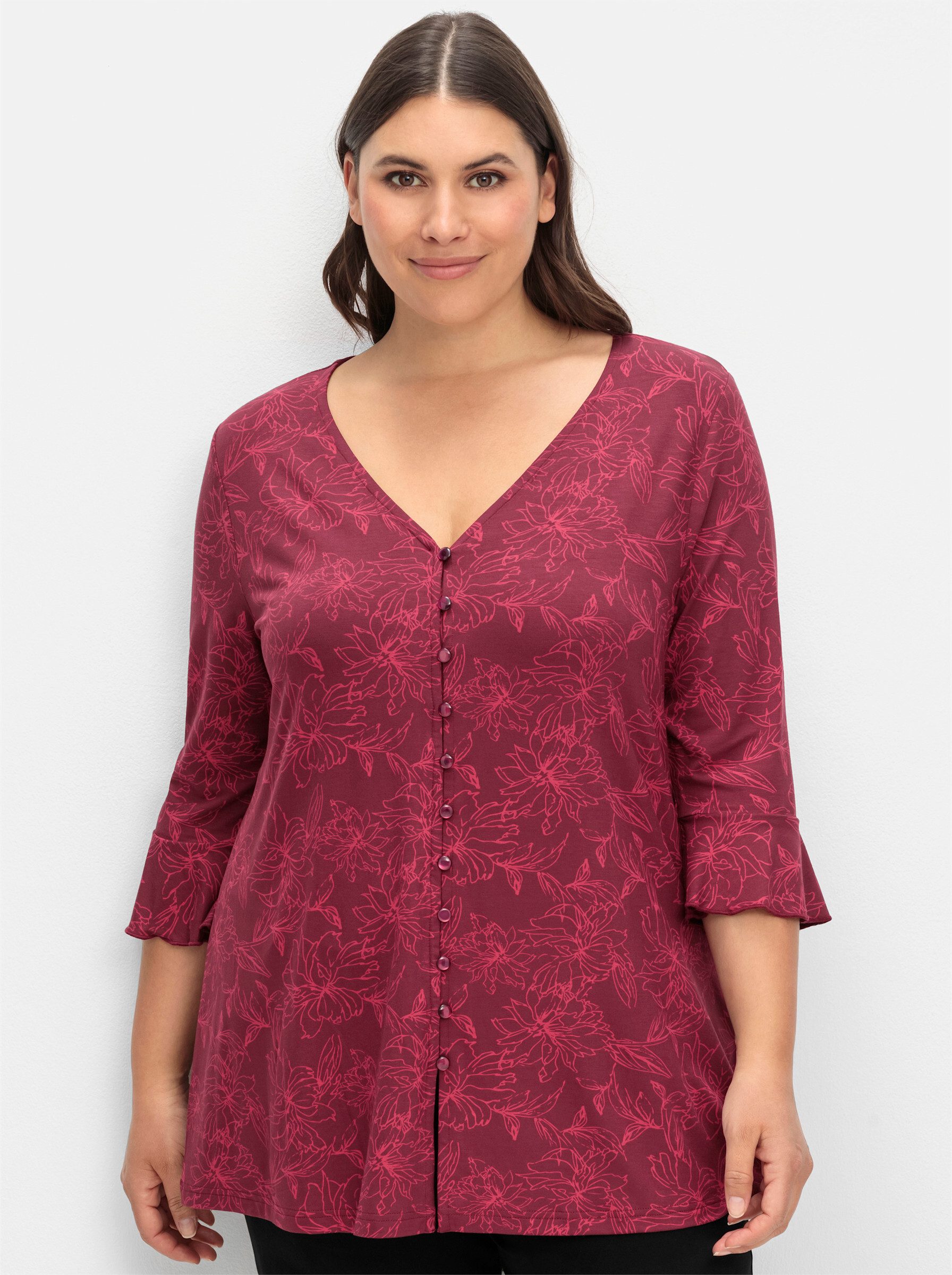 Sheego T-Shirt 3/4-Arm-Shirt . mit Blumenprint und Volantärmeln günstig online kaufen