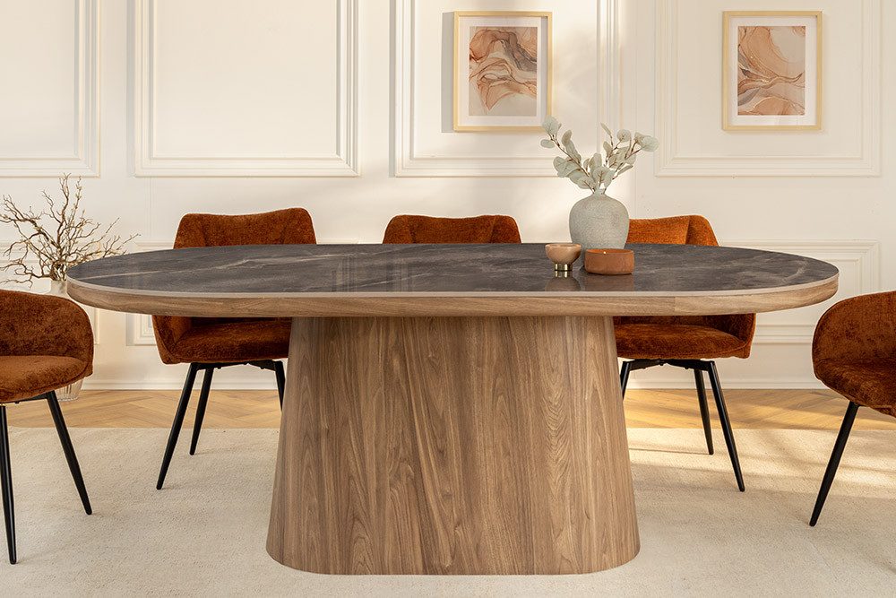 riess-ambiente Esstisch UNIQUE 200cm Keramik grau – oval, Walnuss Säulenfuß braun (Einzelartikel, 1-St), moderner Materialmix, Design-Tisch, Esstisch für 8 Pers – Bild 2 von 5