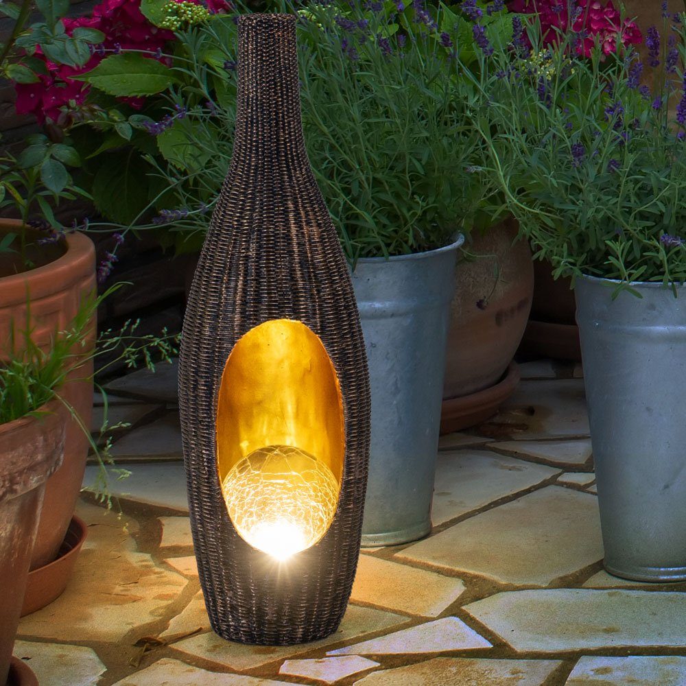 etc-shop Solarleuchte Gartenleuchte, Rattan-Optik Warmweiß, verbaut, goldfarben Glaskugel LED-Leuchtmittel mit fest