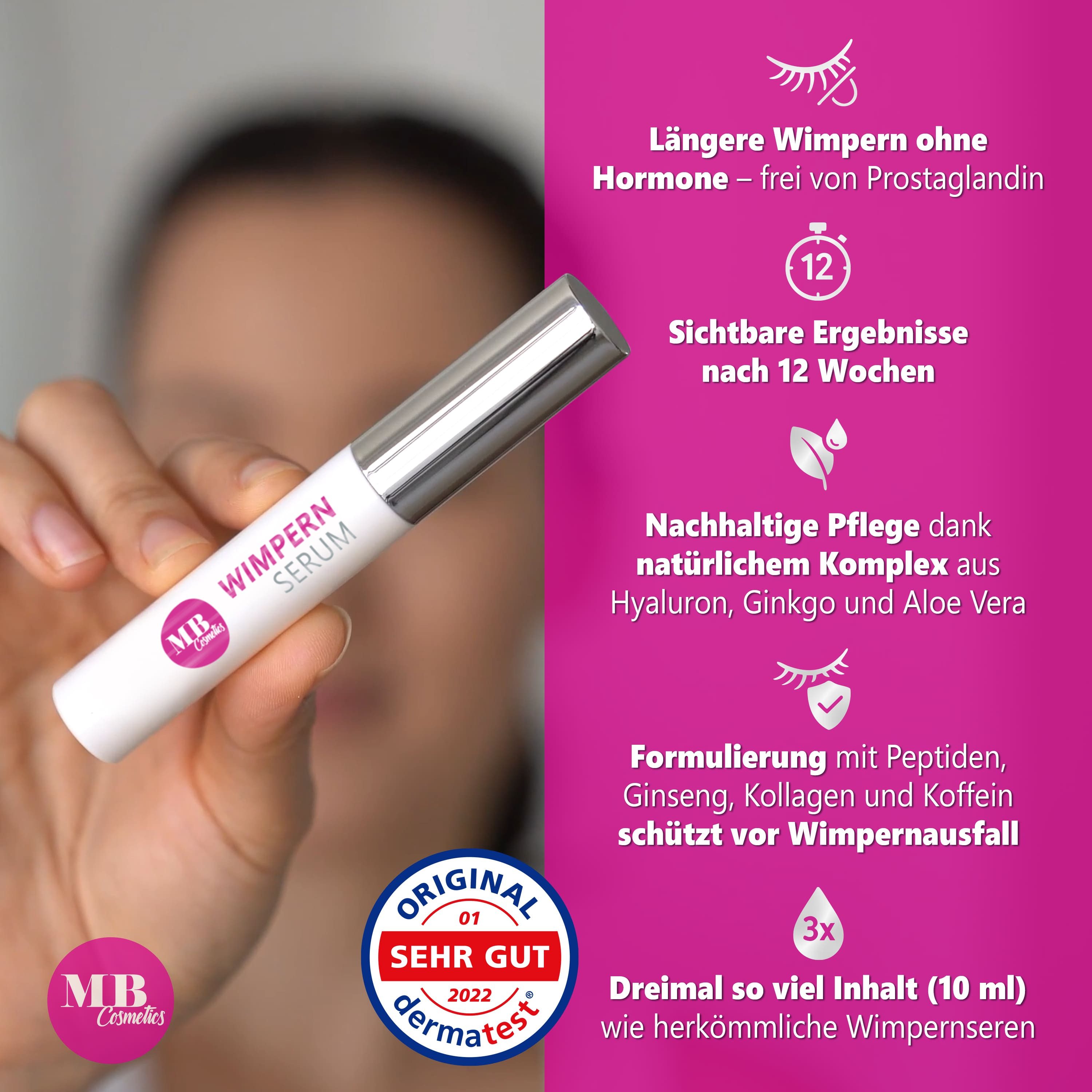 Medical Beauty Cosmetics Wimpernserum 10 ml Hormonfrei mit Hyaluron, Kollagen, Peptiden, Panthenol, Gingko, Dermatologisch getestet, schützt & kräftigt die Wimpern