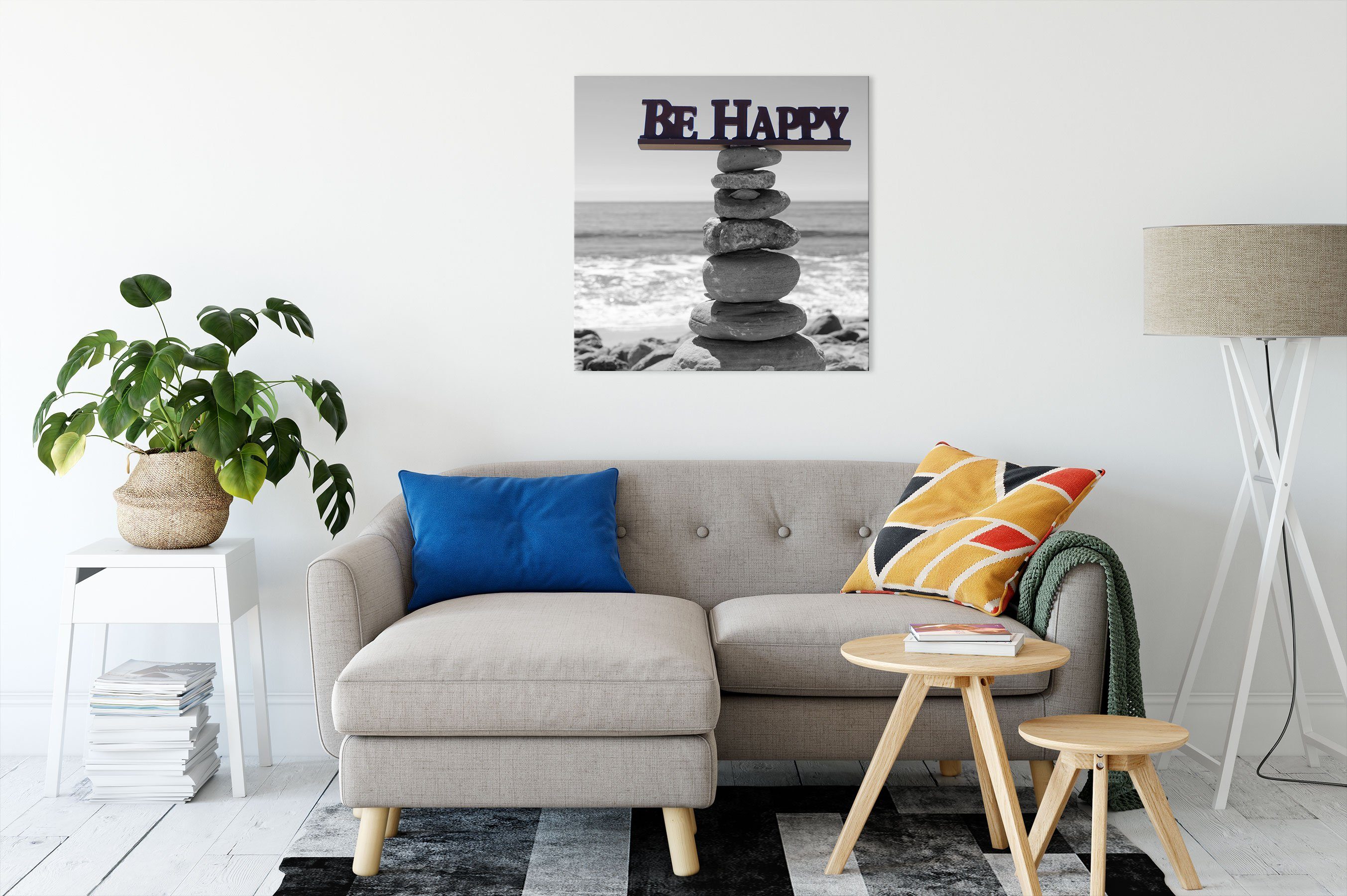 Be St), Happy Leinwandbild inkl. (1 Steinturm Zackenaufhänger Be Pixxprint fertig bespannt, Happy Leinwandbild Steinturm,