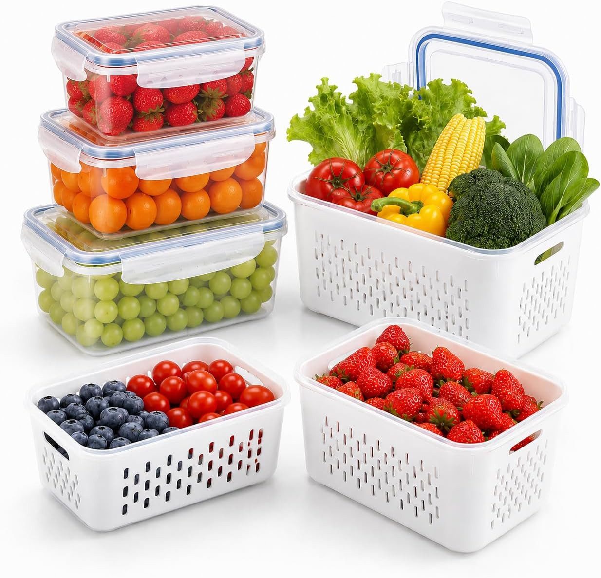 LEMLIT Aufbewahrungsbox 6 Stück Kühlschrank Organizer Mit Abtropfkorb Für Obst Gemüse (6er Set, 6 St., 6 Stück), 0,85 L + 1,75 L + 3,3 L, Mit Deckel Und Silikondichtung
