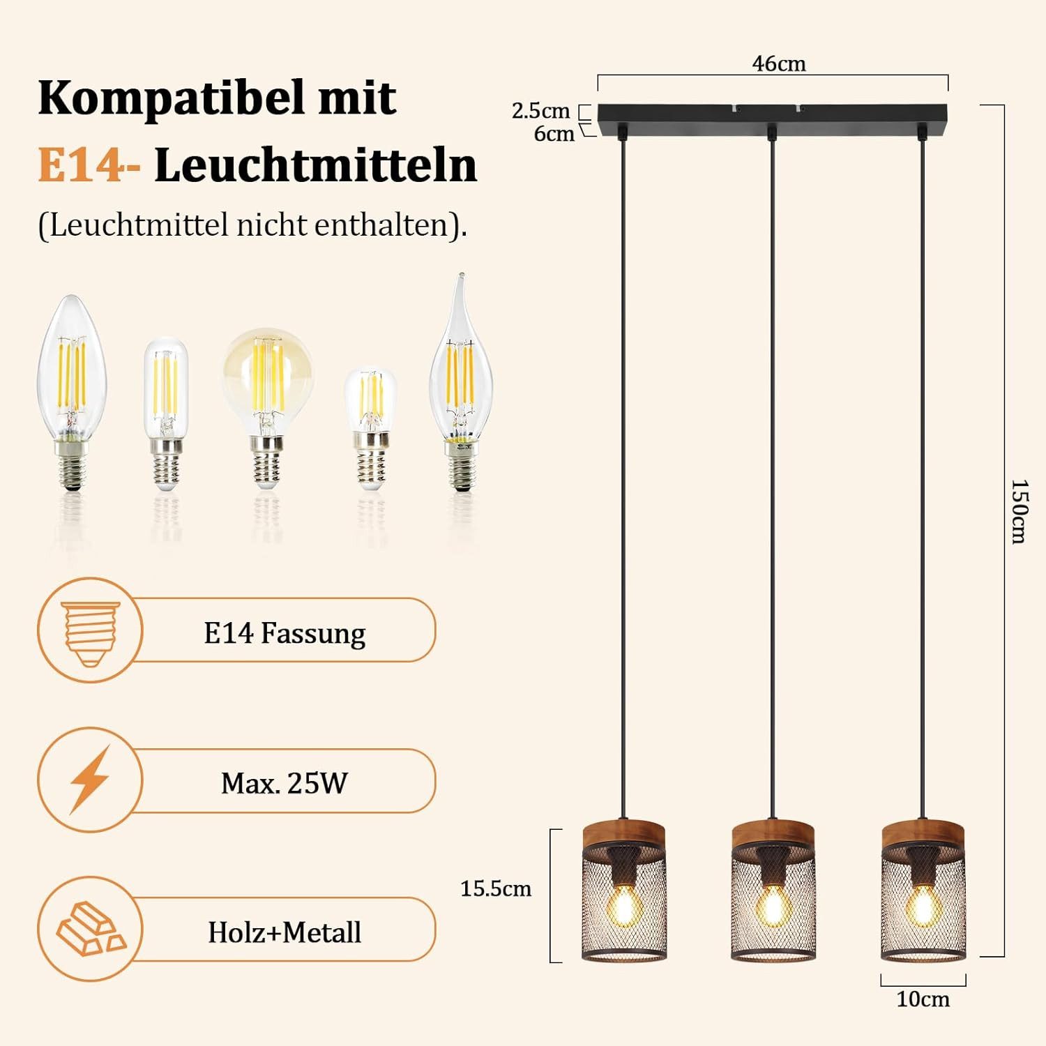 Nettlife Pendelleuchte Vintage Schwarz 1/3/4flammige E14 Industrial Holz Gitter Lampenschirm, ohne Leuchtmittel, Retro Küchenlampe hängend für Esszimmer Küche