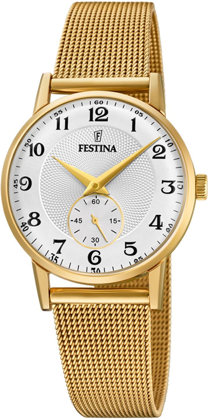 Festina Quarzuhr Retro, F20573/1, Edelstahlgehäuse, goldfarben  PVD-beschichtet, Ø ca. 29 mm