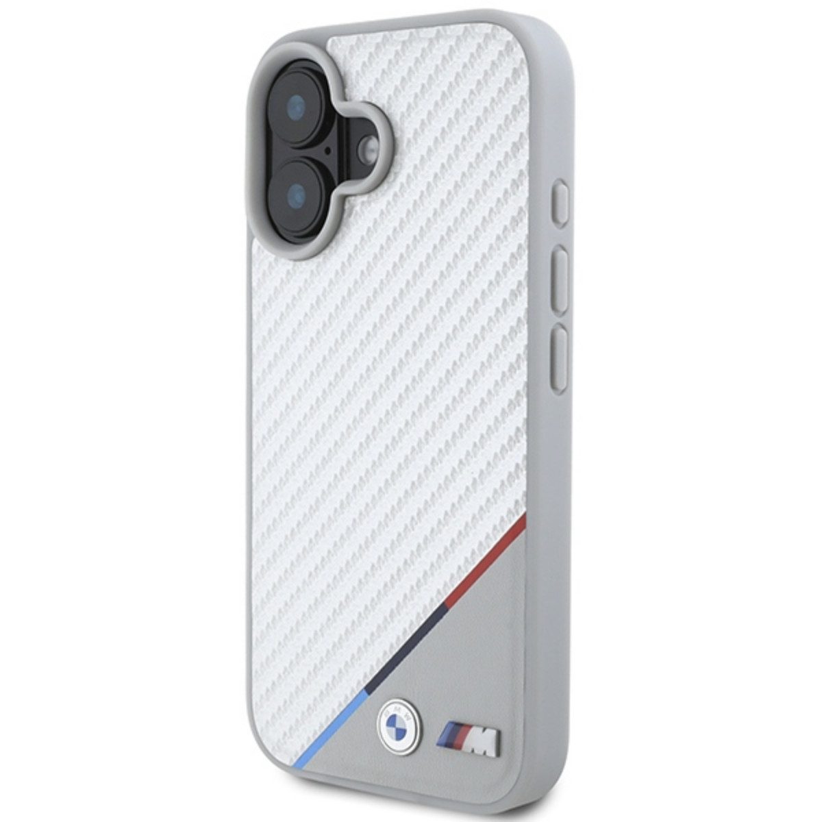 BMW Handyhülle Carbon Tricolor mit Magnetfunktion Kompatibel mit iPhone 16 Grau 6,1, Carbonhülle mit Tricolor Linie integrierter Magnetfunktion Rand!