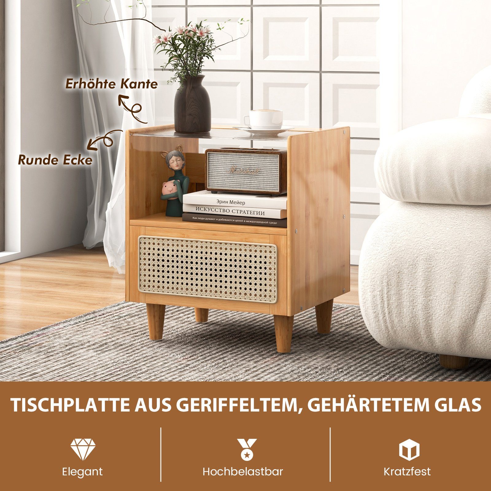 COSTWAY Nachttisch (1-St), Rattan Beistelltisch, mit Glastischplatte, aus Bambus