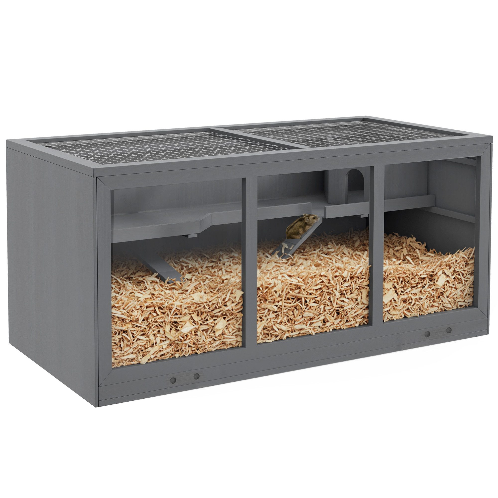 PawHut Kleintierkäfig Hamsterkäfig aus Holz 3 Etagen Nagerkäfig mit reinigbar Ablage, Dreistöckig Grau 115 x 57 x 55 cm