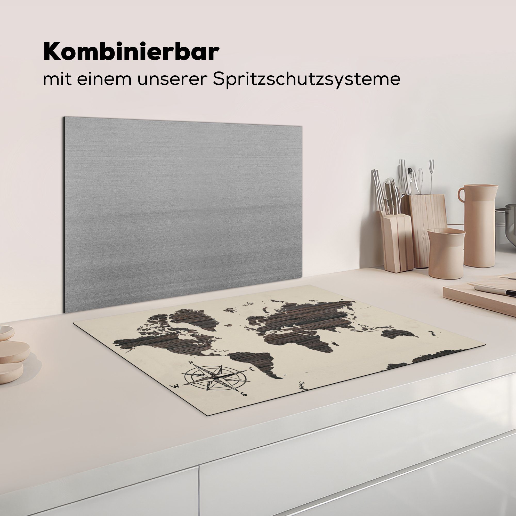 71x52 Vinyl, tlg), (1 Weltkarte Ceranfeldabdeckung Schutz küche, die - cm, Induktionskochfeld für Vintage, Herdblende-/Abdeckplatte Holz MuchoWow -