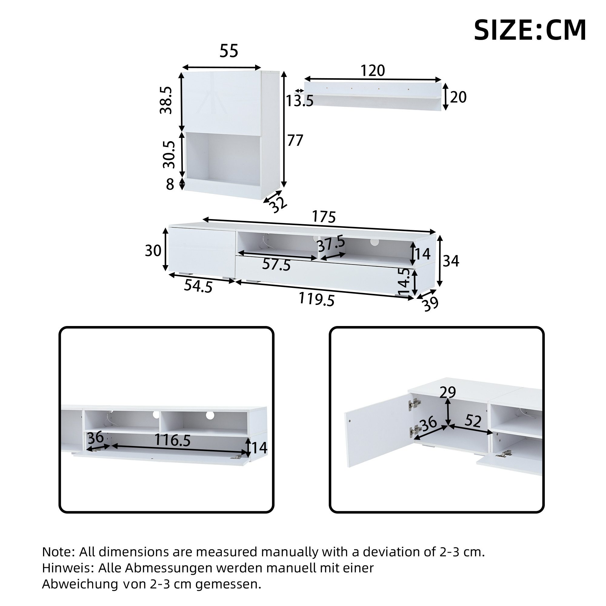 KLAM HOME Wohnzimmer-Set TV-Wohnwand-Set mit LED und Hochglanz - Komplett-Set in Weiß, (Inklusive TV-Board, Standregal und Vitrine für TVs bis 80 Zoll), Flexibel nutzbar - stehend oder hängend montierbar