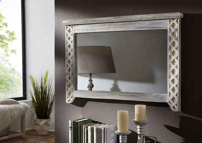Massivmoebel24 Spiegel CASTLE-ANTIK (Spiegel im Landhausstil mit romantischen Verzierungen, weiß gewachst 90x3x60 Mango / Akazie montiert)