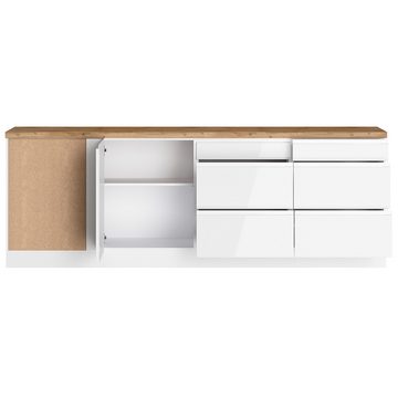 Lomadox Küchenzeile MARSEILLE-03, Winkelküche 300/240cm, Hochglanz weiß & Eiche, ohne E-Geräte