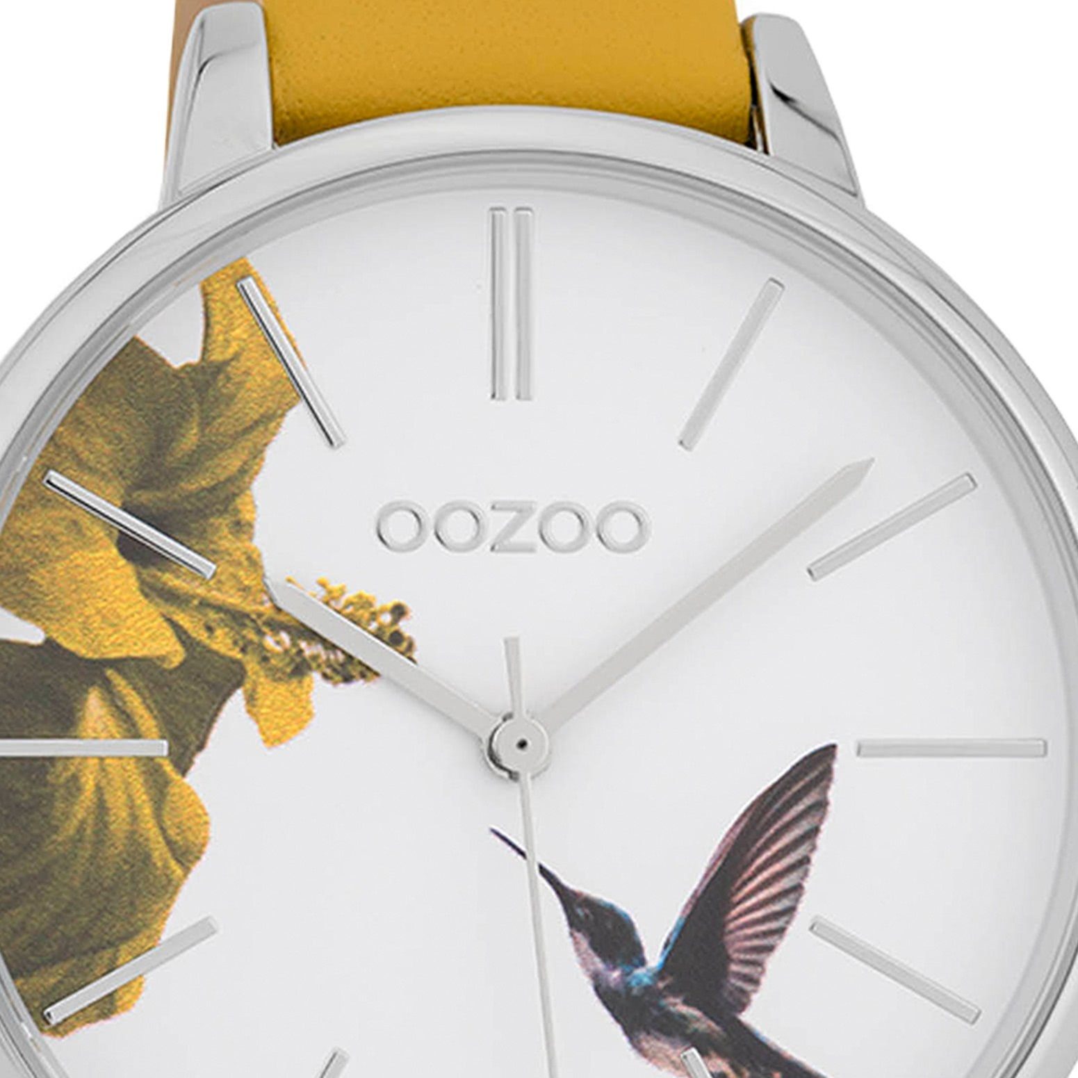 gelb, OOZOO (ca. Quarzuhr 42mm) rund, Damenuhr groß Lederarmband, Fashion-Style Armbanduhr Oozoo Damen