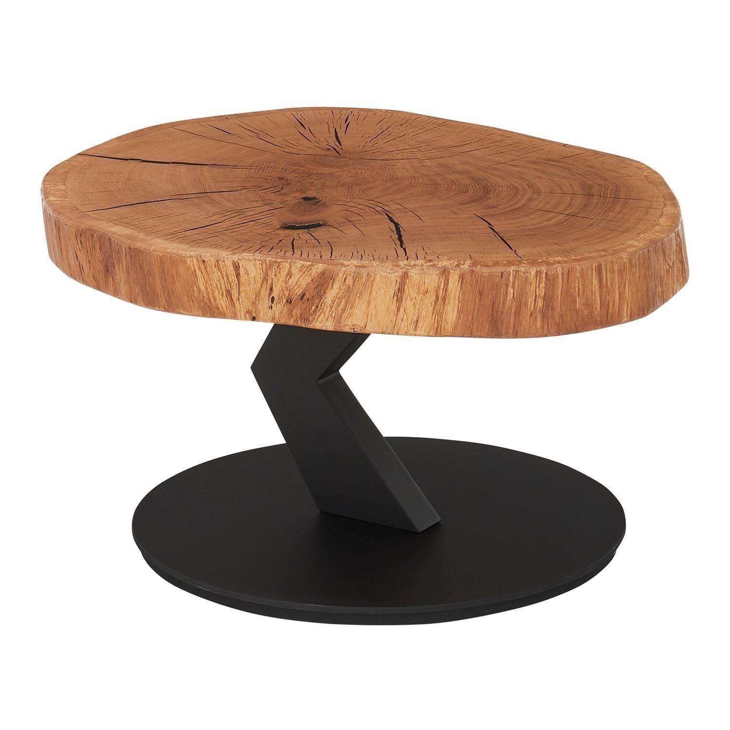 Couchtisch BILOXI, Braun, Schwarz, Eichenholz massiv, Metall, mit Rollen, Ø 75 x H 45 cm