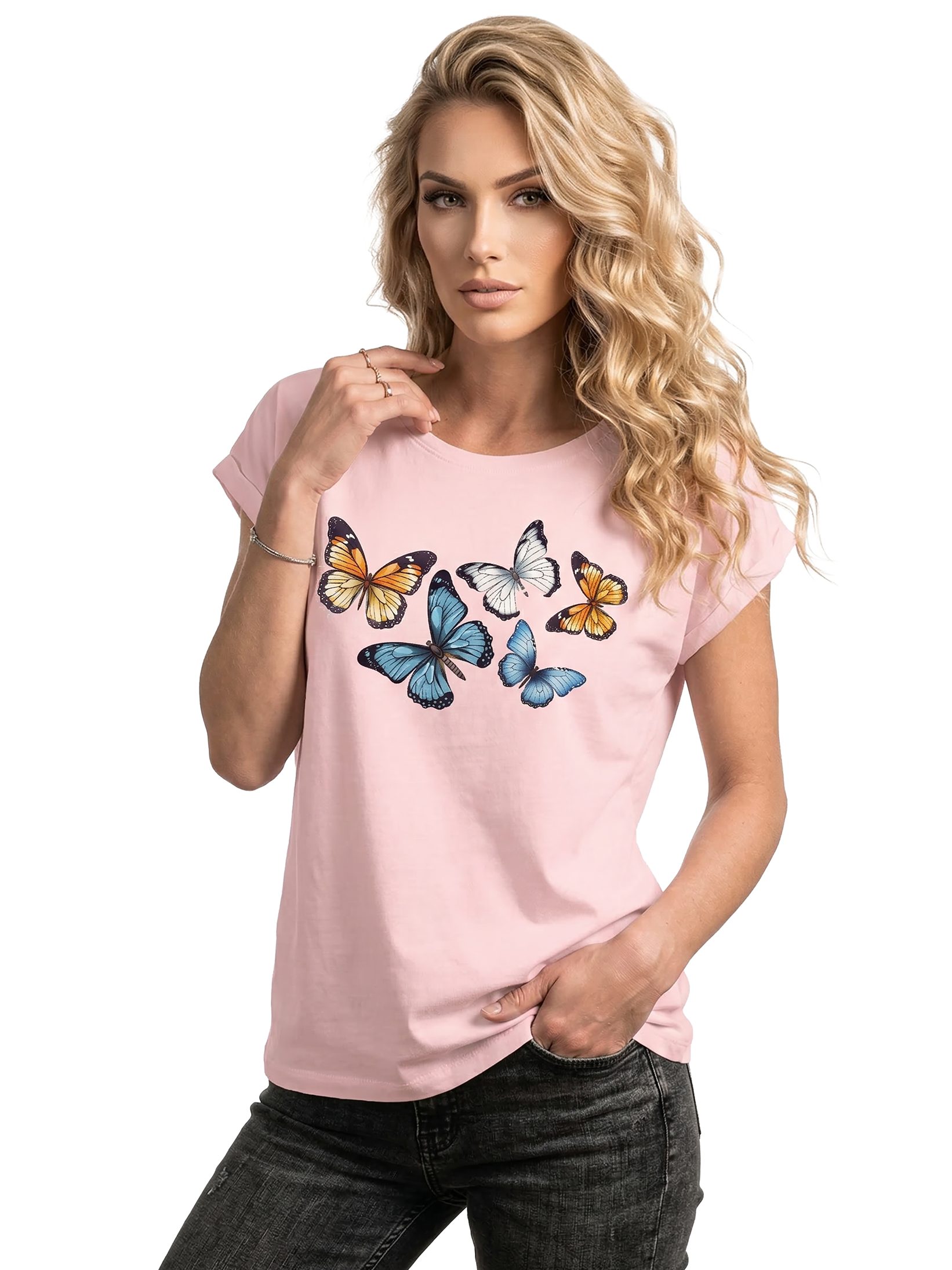 MAKAYA Print-Shirt Damen Kurzarm Baumwolle Schmetterling Butterfly Aufdruck Sommer Top große Größen