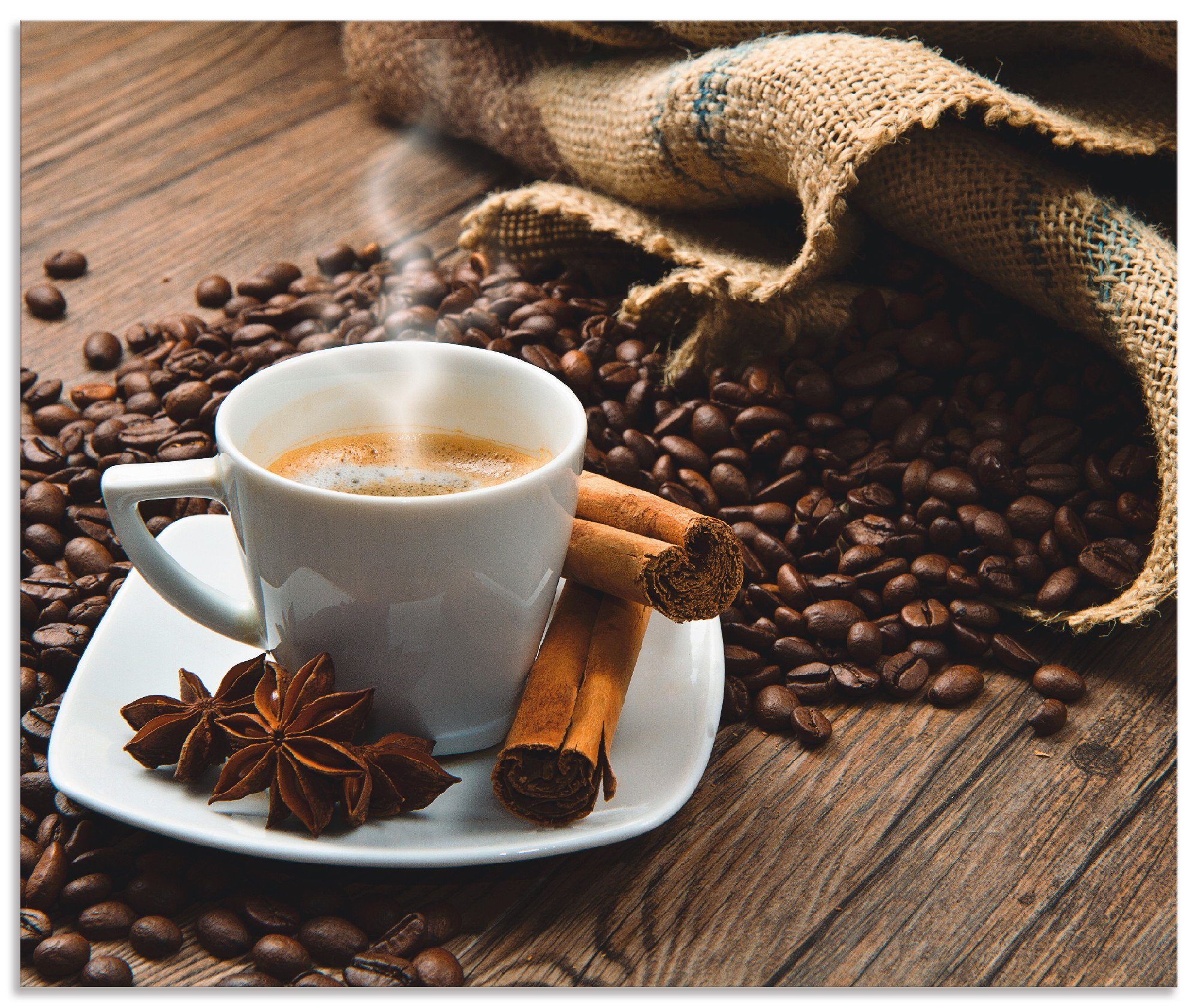 Artland Küchenrückwand Kaffeetasse Leinensack mit Kaffeebohnen, (1-tlg), Alu Spritzschutz mit Klebeband, einfache Montage