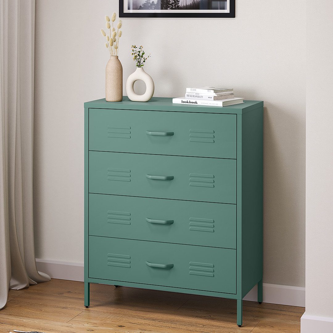 skølm Kommode Atria aus Metall (Dunkelgrün), Sideboard mit 4 Schubladen, Metallschrank mit höhenverstellbaren Füßen