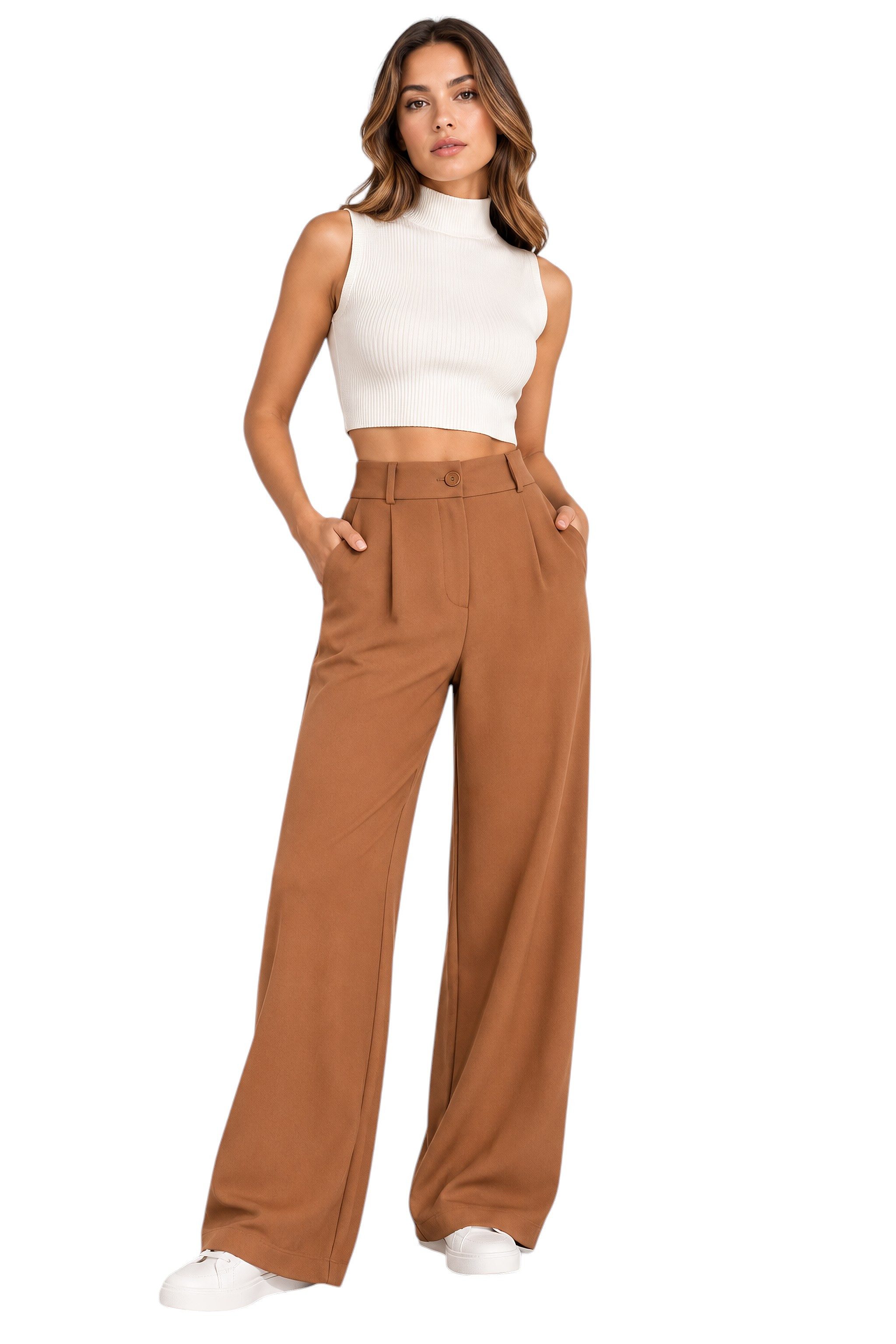 fashionshowcase Palazzohose Damen Stoffhose Marlenehose mit elastischem, hohem Bund Weites Bein, elastischer Bund für hohen Komfort