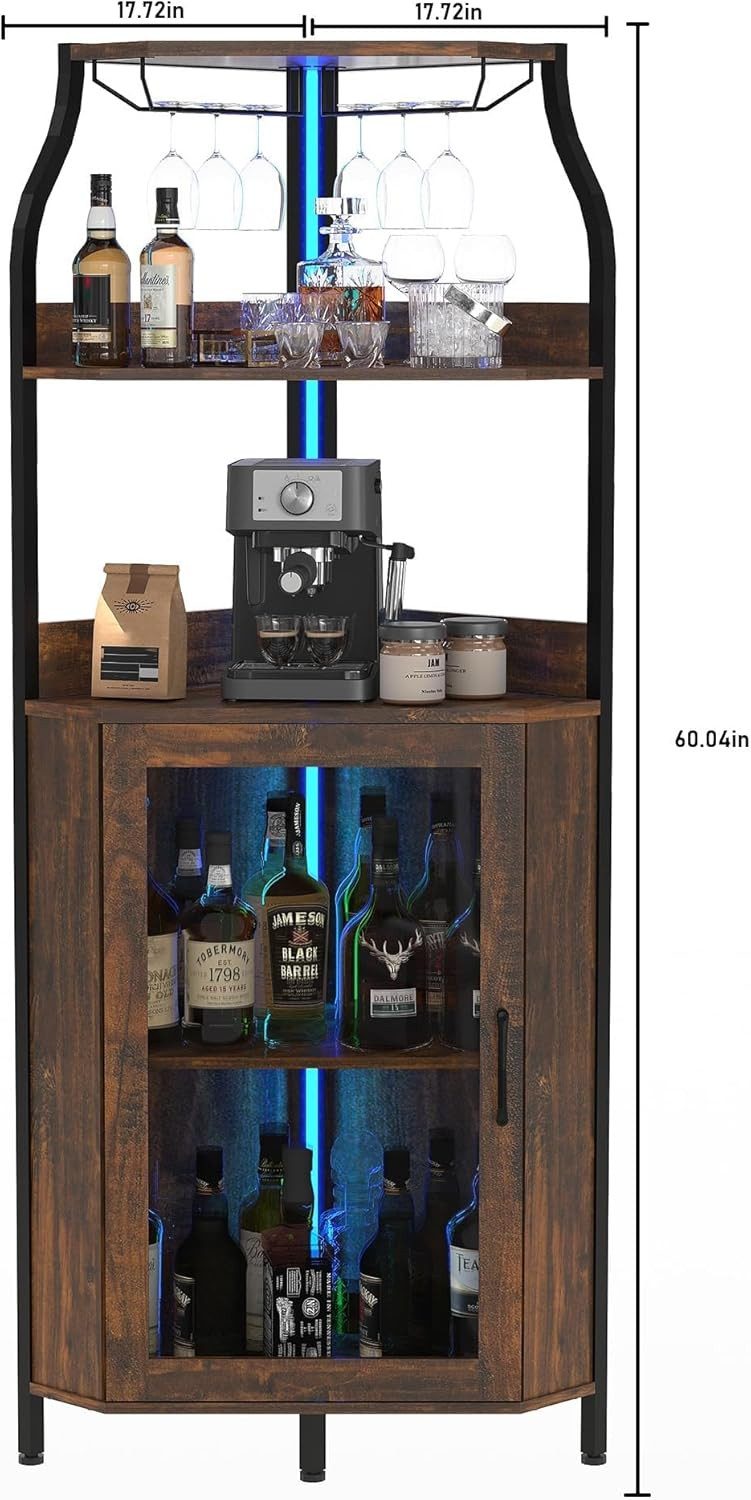 GarveeMore Eckschrank 5-stufiges mit Steckdose,Weinschrank mit LED-Streifen&Gläserhalterung Bar-Möbel für Spirituosen (Heimgebrauch & kleine Räume) – Bild 2 von 5
