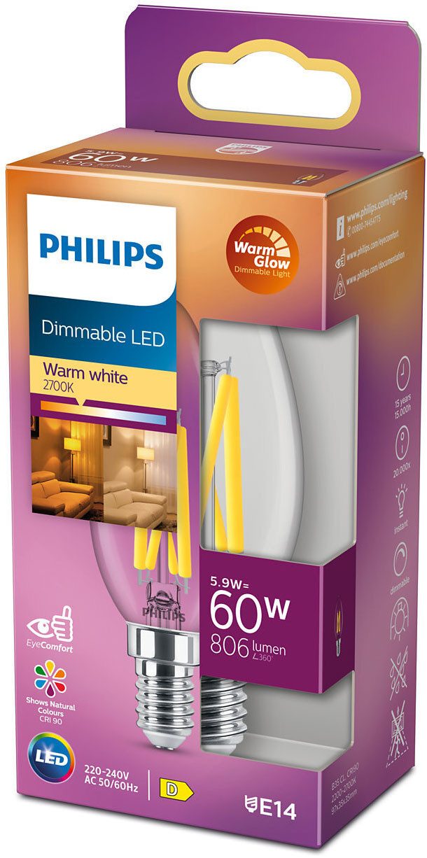 Philips Hue LED-Leuchtmittel LED WarmGlow Kerzenlampe 60W E14 Klar dimmbar, E14