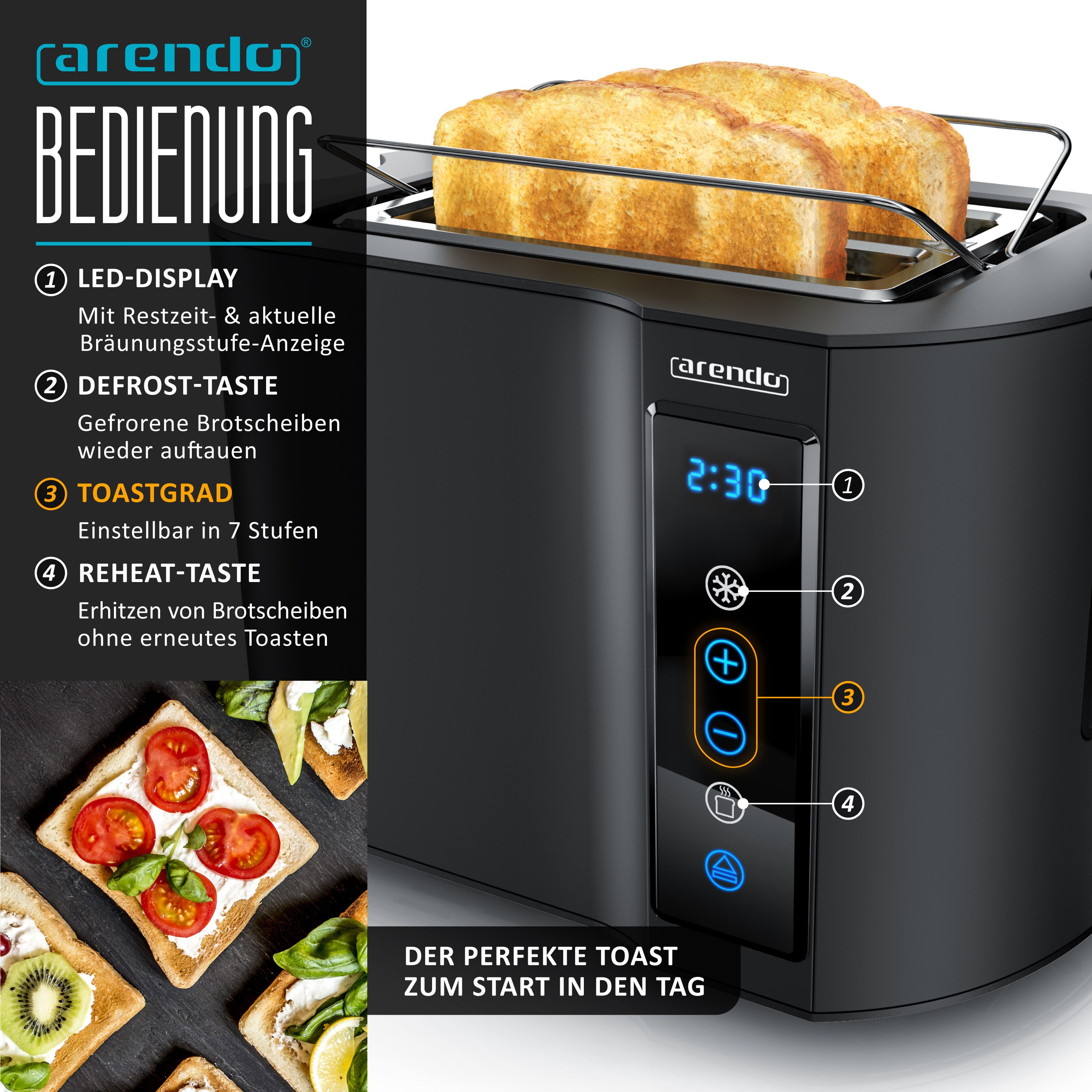 Arendo Frühstücks-Set Edelstahl Wasserkocher 1,5l, 2-Scheiben Kurzschlitz Toaster, schwarz (2-tlg), Wasserkocher mit Temperatureinstellung, Toaster Brötchenaufs – Bild 5 von 5