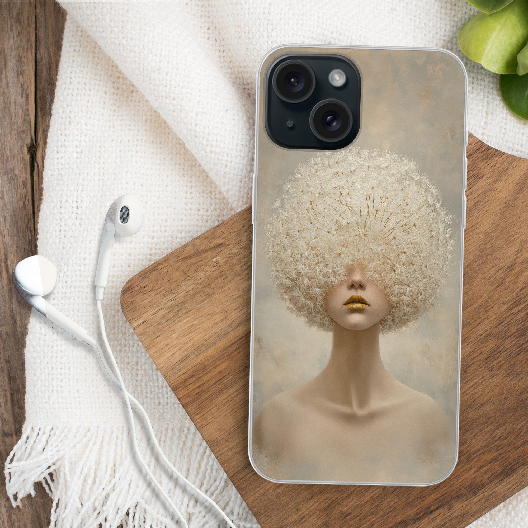 MuchoWow Handyhülle für Apple iPhone 15 Dreamy - Beige - Löwenzahnsamen, Smartphone-Bumper, Print, Handy Schutzhülle Dünn