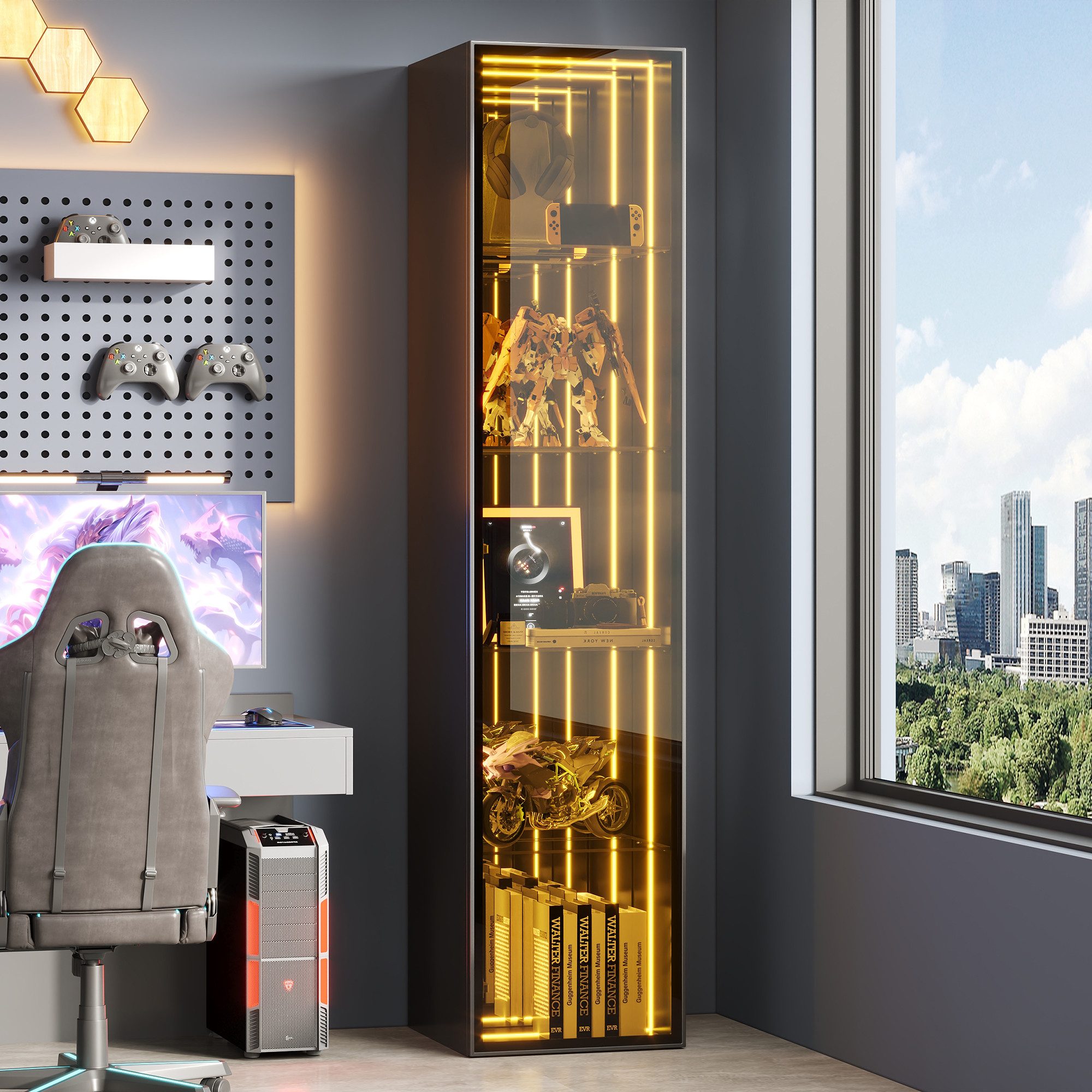 Celya Glasvitrine mit gehärtetes Glas, verstellbare Einlegebödenund LED-Lichtleiste (mit Aluminiumrahmen, 5 Staufächer, Scharniere mit Soft-Close-Funktion) Ideal für Wohnzimmer, Arbeitszimmer, Schlafzimmer