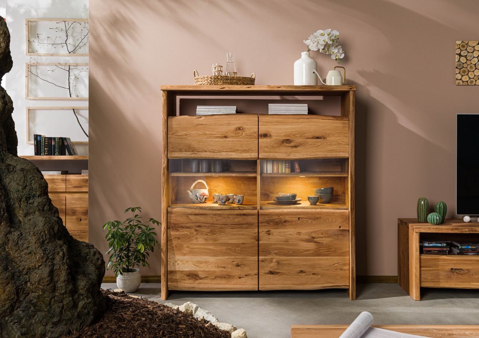 Massivmoebel24 Highboard PURE OAK (Massivholz), Highboard Wildeiche 131x45x147 natur geölt PURE OAK #105