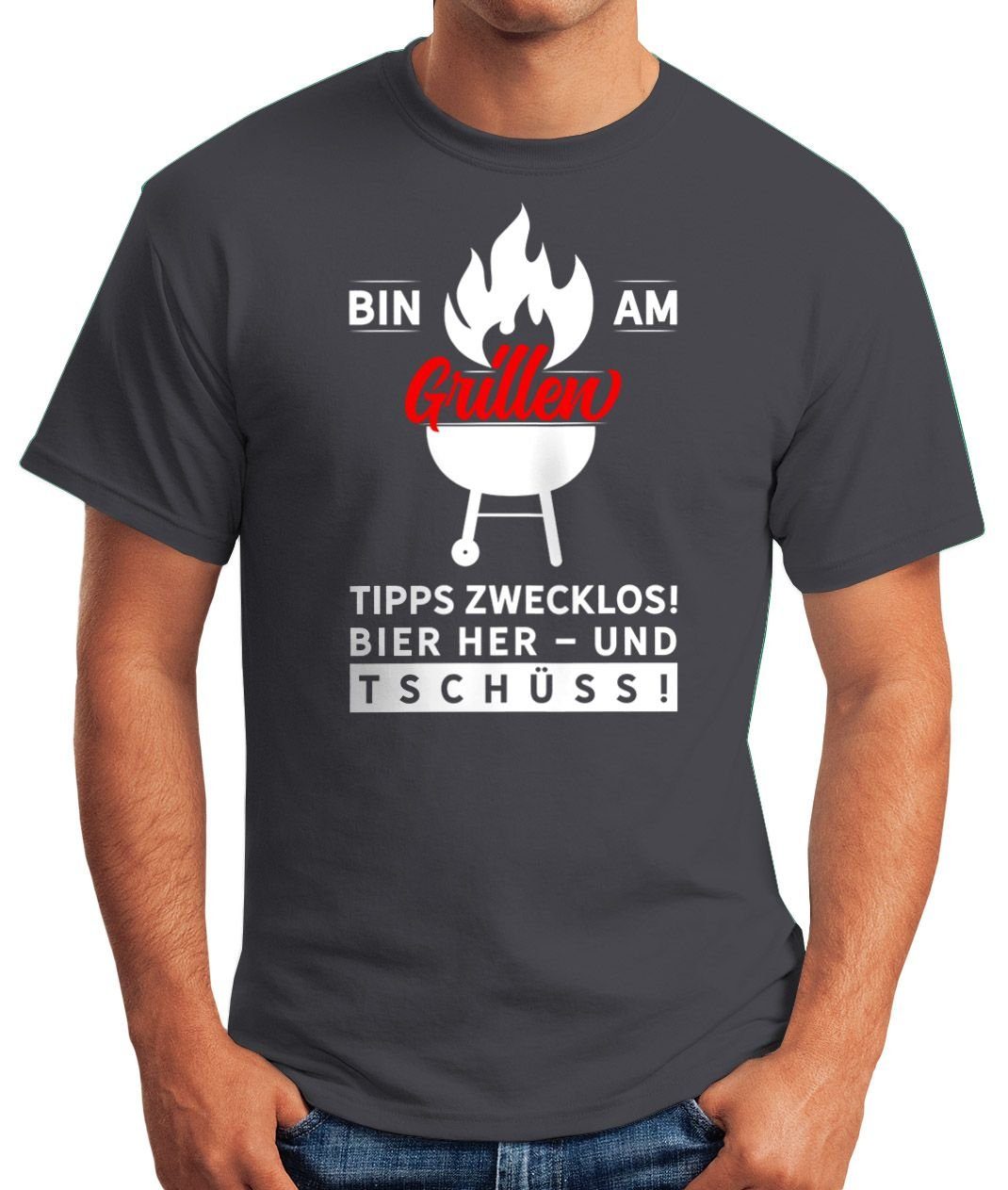 Bier Barbecue Herren MoonWorks BBQ Bin Grillen Spruch-Shirt Fun-Shirt mit Tee Moonworks® grau T-Shirt am Print-Shirt Foodie Print