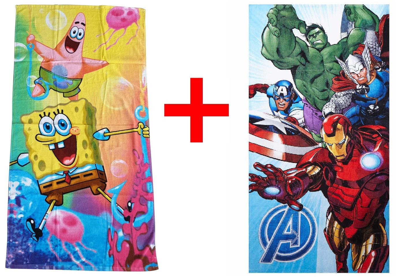 Jerry Fabrics Strandtücher SpongeBob Schwammkopf + Avengers Handtuch 70x140cm 2er-Set, Frottee (2-St)