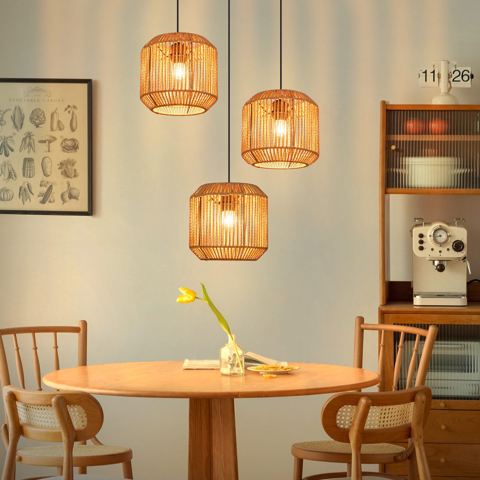 ZMH Pendelleuchte E27 3 Flammige Vintage Hängelampe Boho Papiergarn Deckenlamp, ohne Leuchtmittel