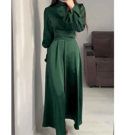 AFAZ New Trading UG Maxirock Einfarbiges Damenkleid mit langen Ärmeln und Gürtel und Puffärmeln
