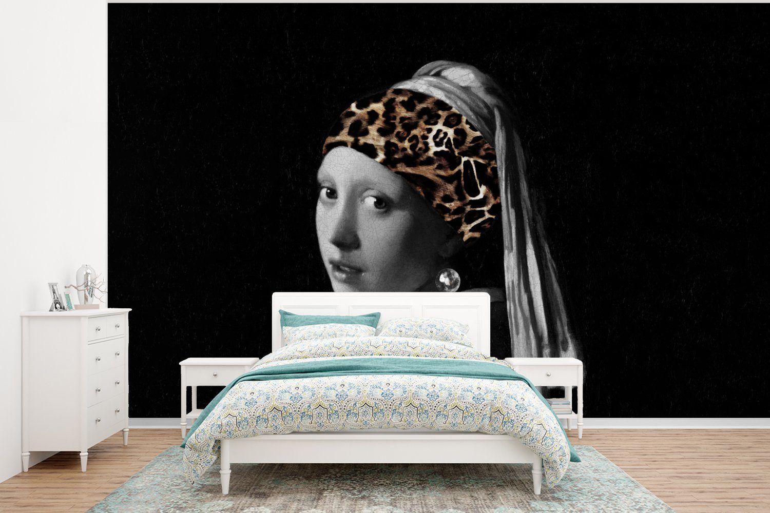 MuchoWow Fototapete Kunst - Girl with a Pearl Earring - Panther, Matt, bedruckt, (6 St), Wallpaper für Wohnzimmer, Schlafzimmer, Kinderzimmer, Vinyl Tapete