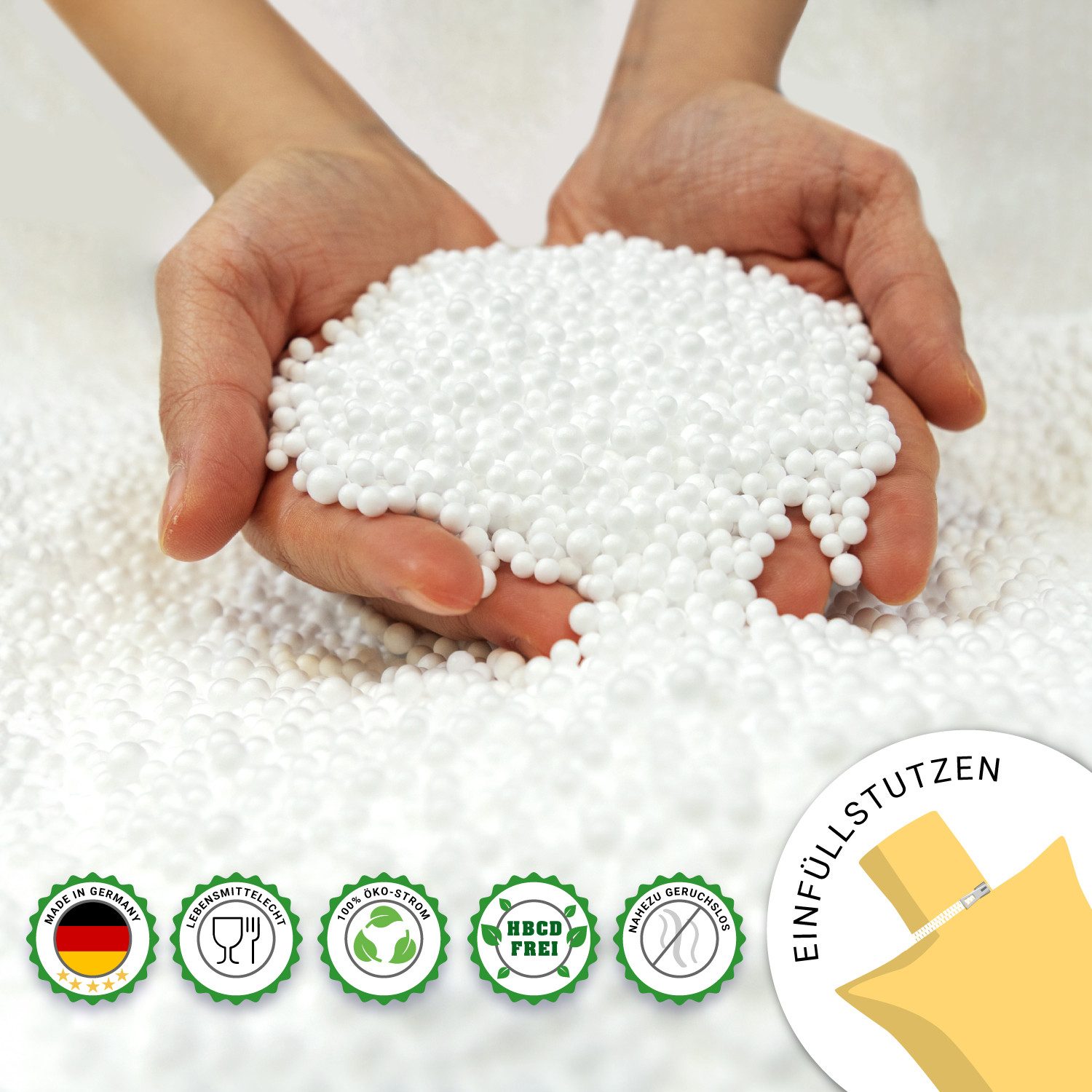 Bruni Sitzsack Füllung FILLcloud EPS-Perlen, lebensmittelecht, in Bayern produziert, HBCD-frei, zum Nachfüllen von Sitzsäcken & Stillkissen