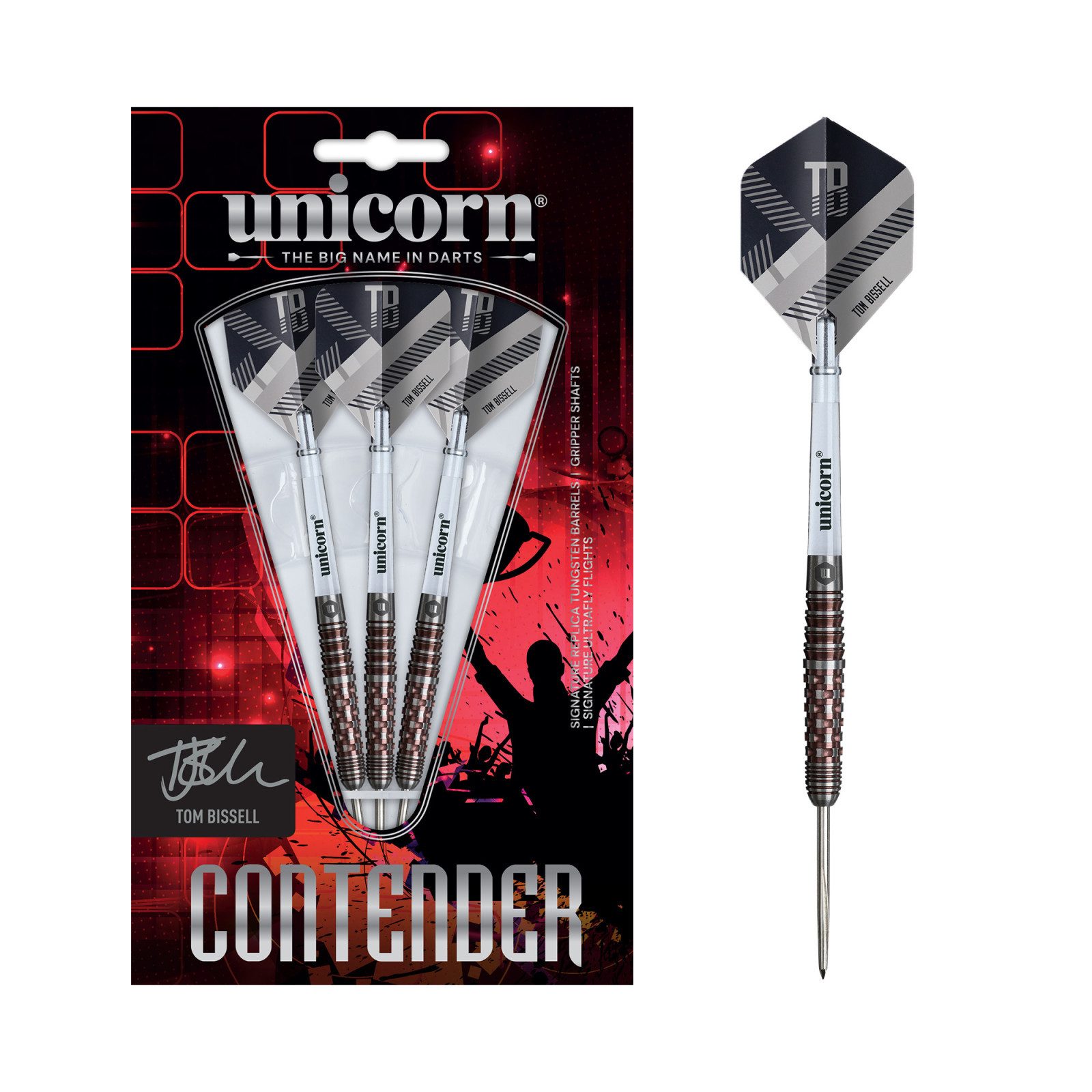 unicorn Dartpfeil Steeldart Unicorn, Contender Tom Bissell, 95% Tungsten, 22g, Rot