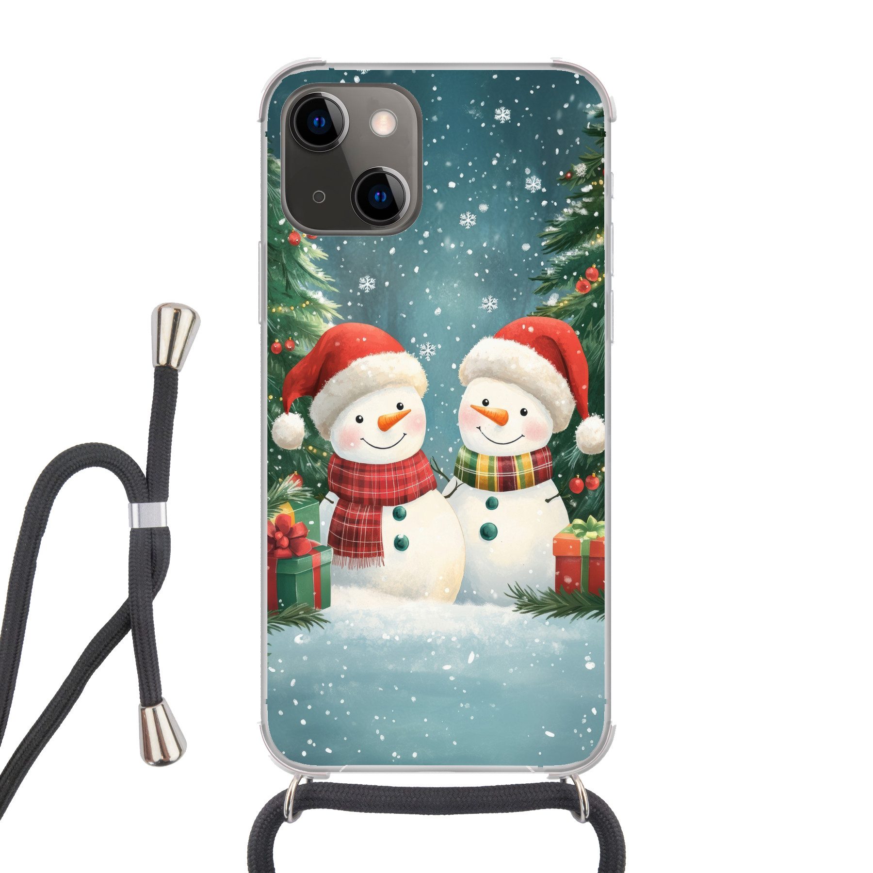 MuchoWow Handyhülle für Apple iPhone 13 Schneemann - Weihnachtsschnee - Grün - Rot, Tragbare Handyhüllen mit Kette zum umhängen, Handykette Handyband