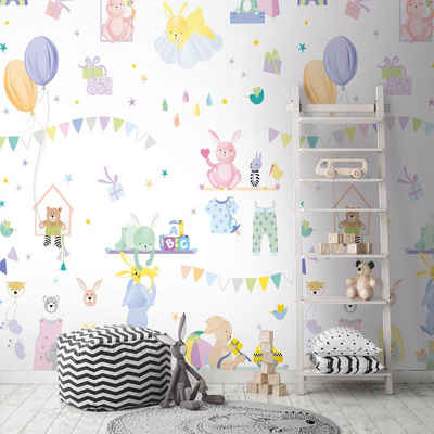 living walls Fototapete Bunte Kinderzimmertapete mit Spielzeug, glatt, matt, (1 St), Fototapete Babyzimmer Luftballons Kuscheltiere Tierchen