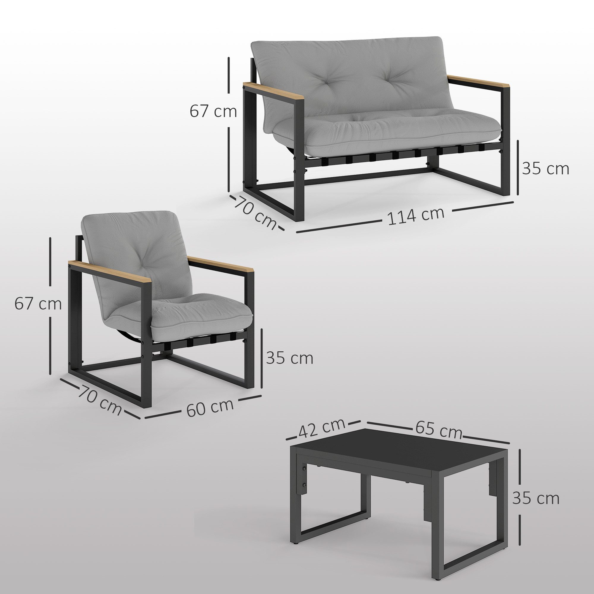 Outsunny Sitzgruppe mit 2er Sofa, Sessel, Sitzkissen, Beistelltisch, (wetterfest Balkonmöbel-Set, 4-tlg., Gartenmöbel Set für 4 Personen), für Garten Balkon Hellgrau