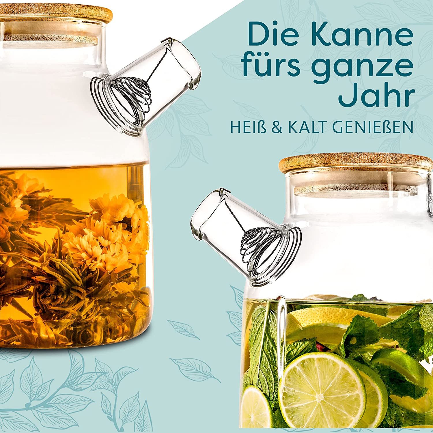 Cosumy Teekanne Teekanne Glas 1,5 Liter mit Deckel aus Bambus - Filter im Auslauf, 1500 l, (Packung, Teekanne mit Deckel), Getränke