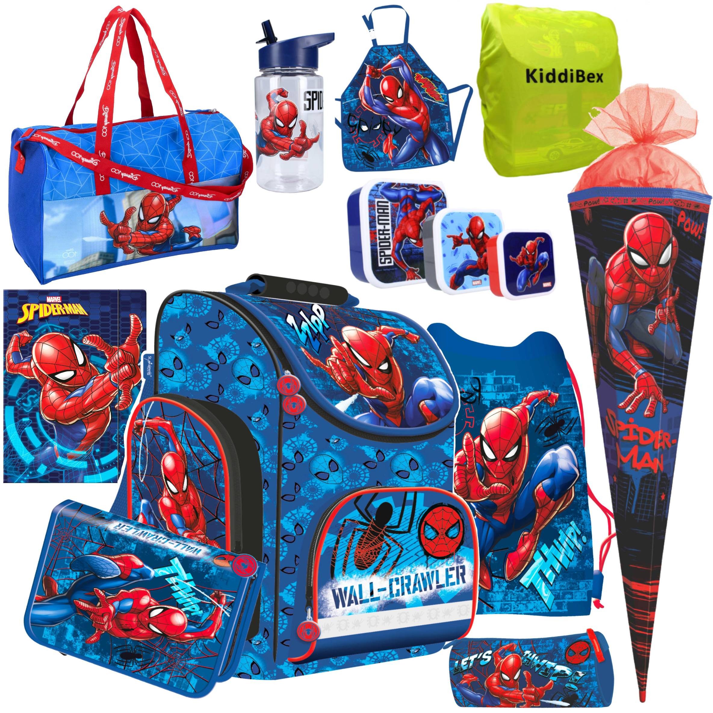 KiddiBex Schulranzen Spiderman 5tlg. oder 13tlg. (Set, 05-tlg., Tornister, Mäppchen, Turnbeutel & Regenschutz), Jungen 1. Klasse - Grundschule Ranzen - Ergonomischer Schulrucksack