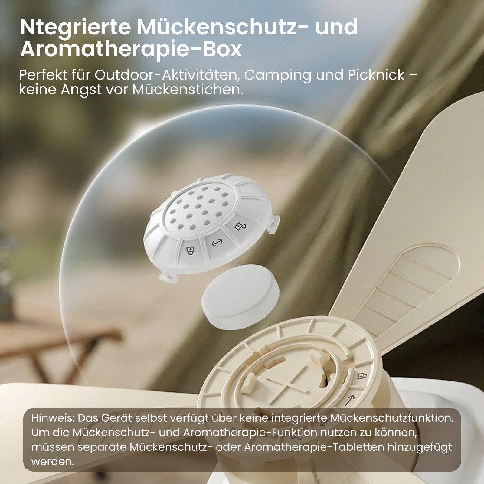 Rosnek Deckenventilator mit Beleuchtung Camping, tragbar, Fernbedienung, 4 Stufen, 3 Lichtmodi, 7200mAh, 7-20h, Balkon Camping RV