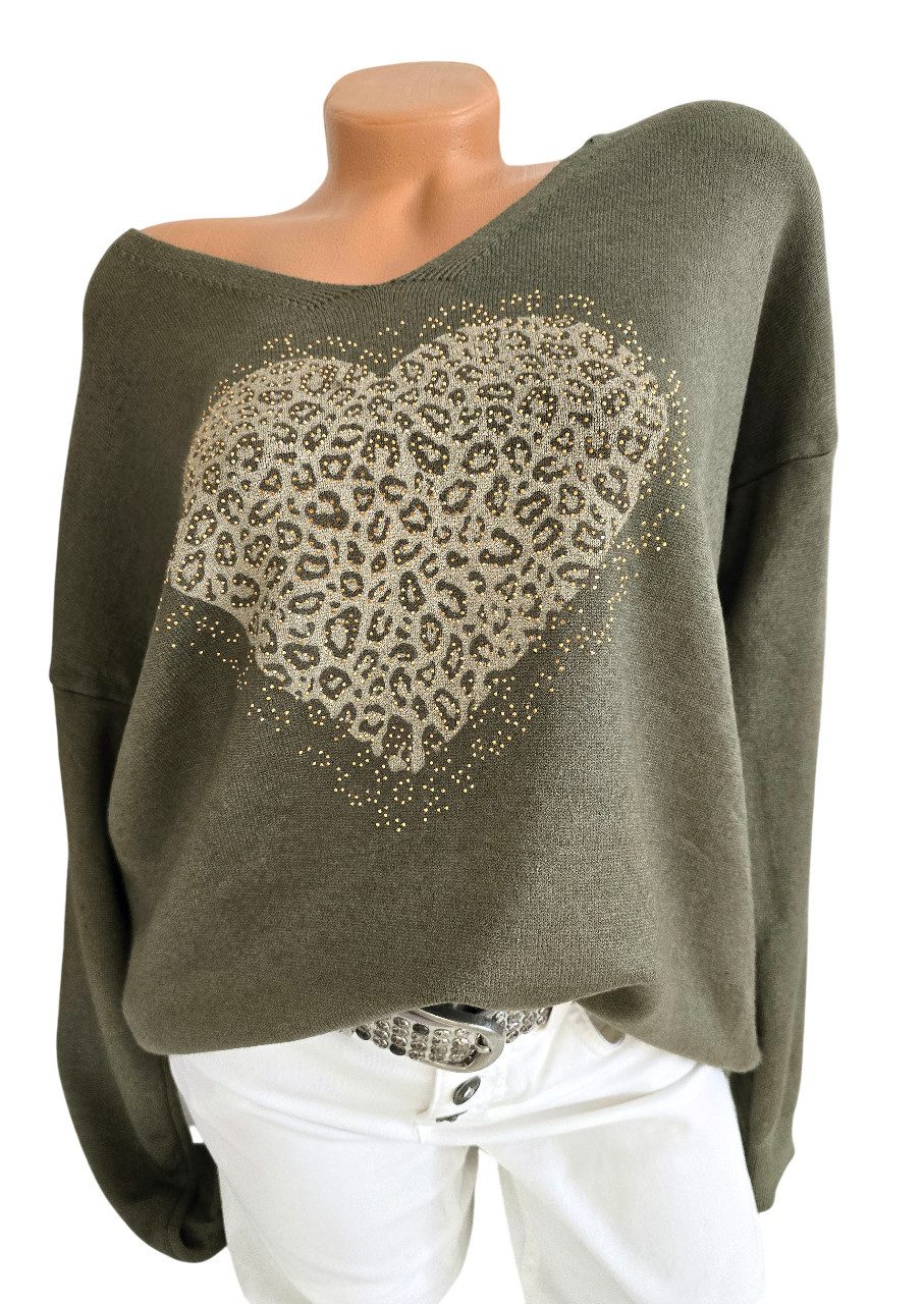 Rehoboth Moda V-Ausschnitt-Pullover mit Herz im Animal-Print und Glitzer, V günstig online kaufen