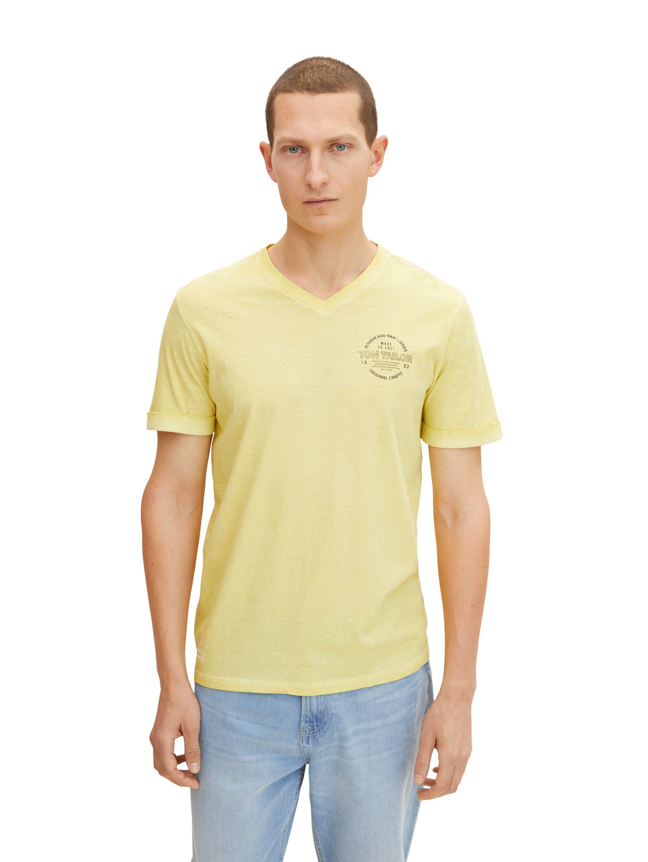T-Shirt Logo V-Ausschnitt Shirt gelb und TAILOR T-Shirt TOM Print mit