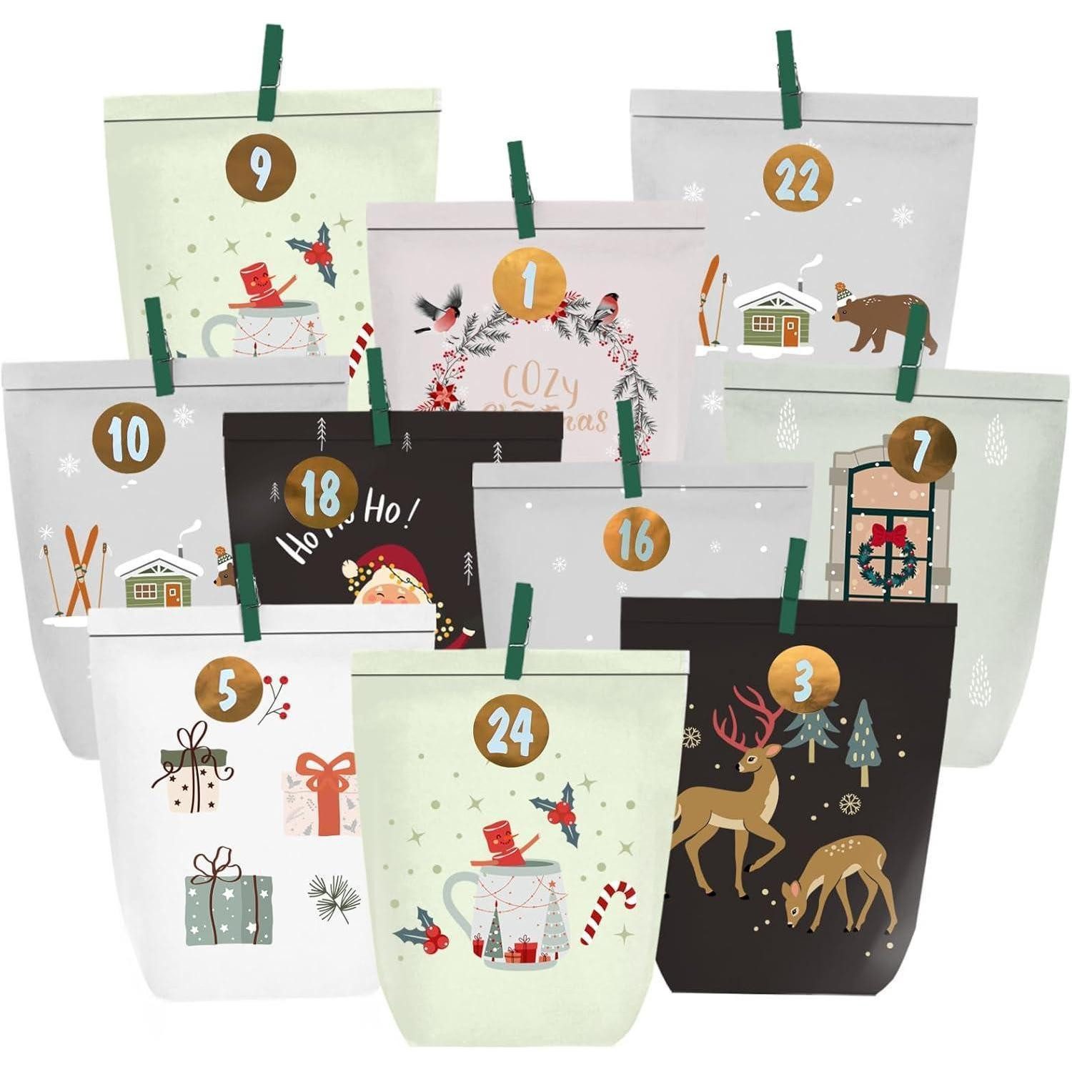 LuxusKollektion DIY-Adventskalender Adventskalender 24 Papiertüten Zahlenaufkleber Grün Schwarz